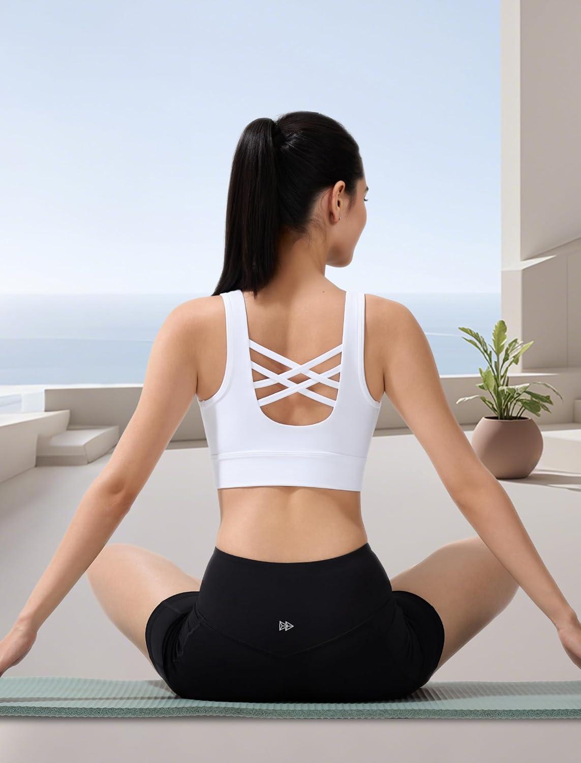 Yvette Yoga Bras Light Support Cross Back Sports Bras U Neck with Wide Straps Fixed Pads for Workout Gym Pilates Daily(White)