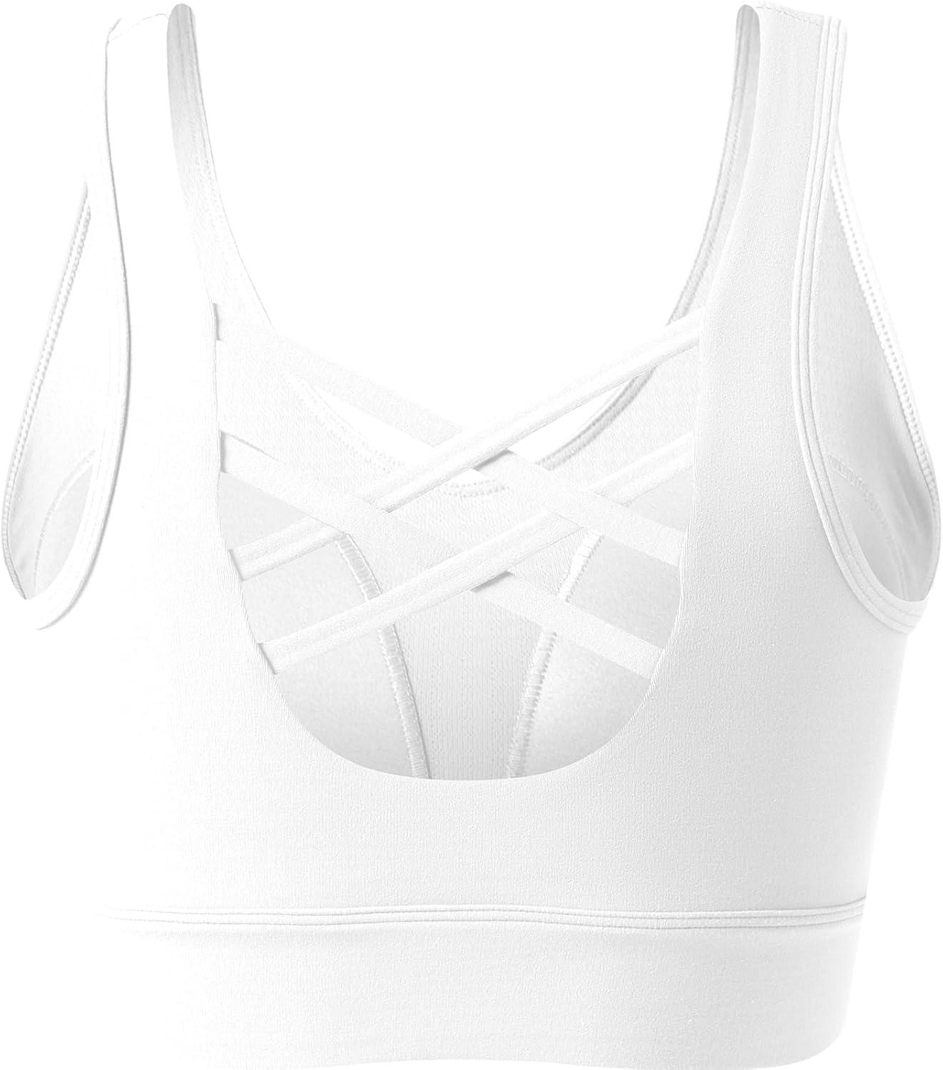 Yvette Yoga Bras Light Support Cross Back Sports Bras U Neck with Wide Straps Fixed Pads for Workout Gym Pilates Daily(White)