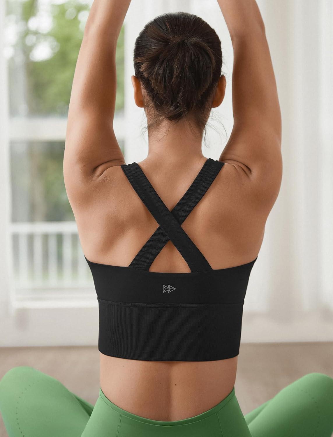 Yvette Longline Cross Strap Yoga Sports Bras for Women Wide High Sides Light Support Cropped Tank Top(Black)