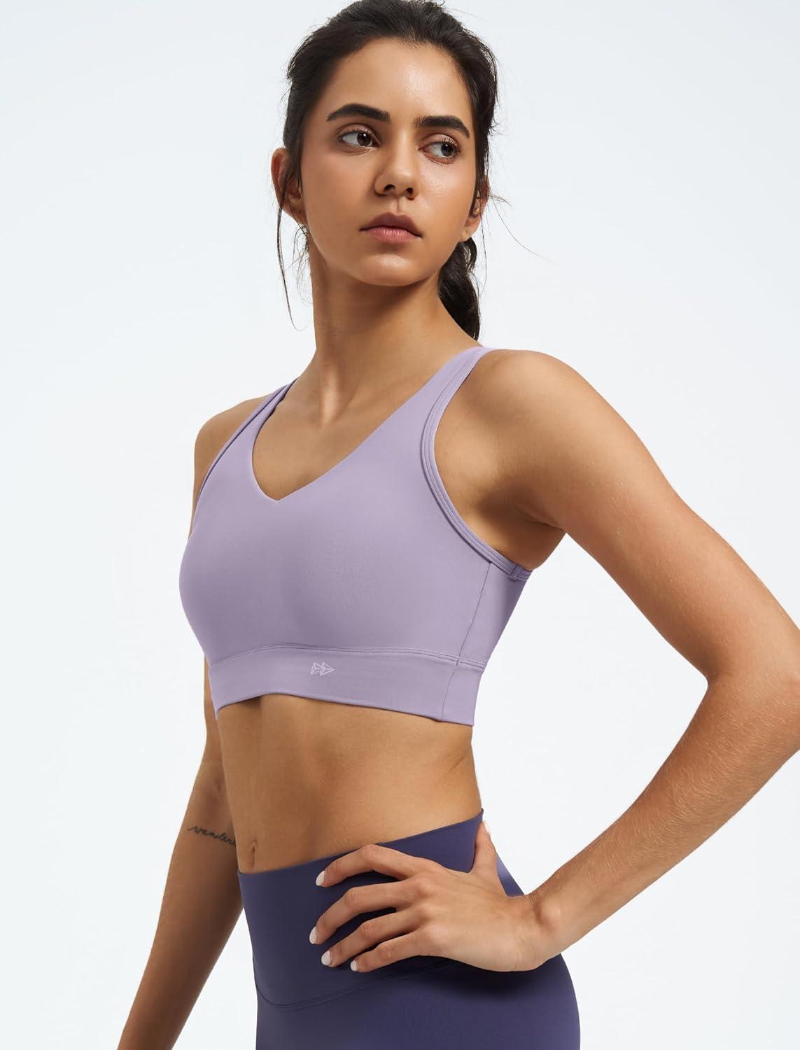 Yvette Yoga Bras Light Support Cross Back Sports Bras U Neck with Wide Straps Fixed Pads for Workout Gym Pilates Daily(Lavender)