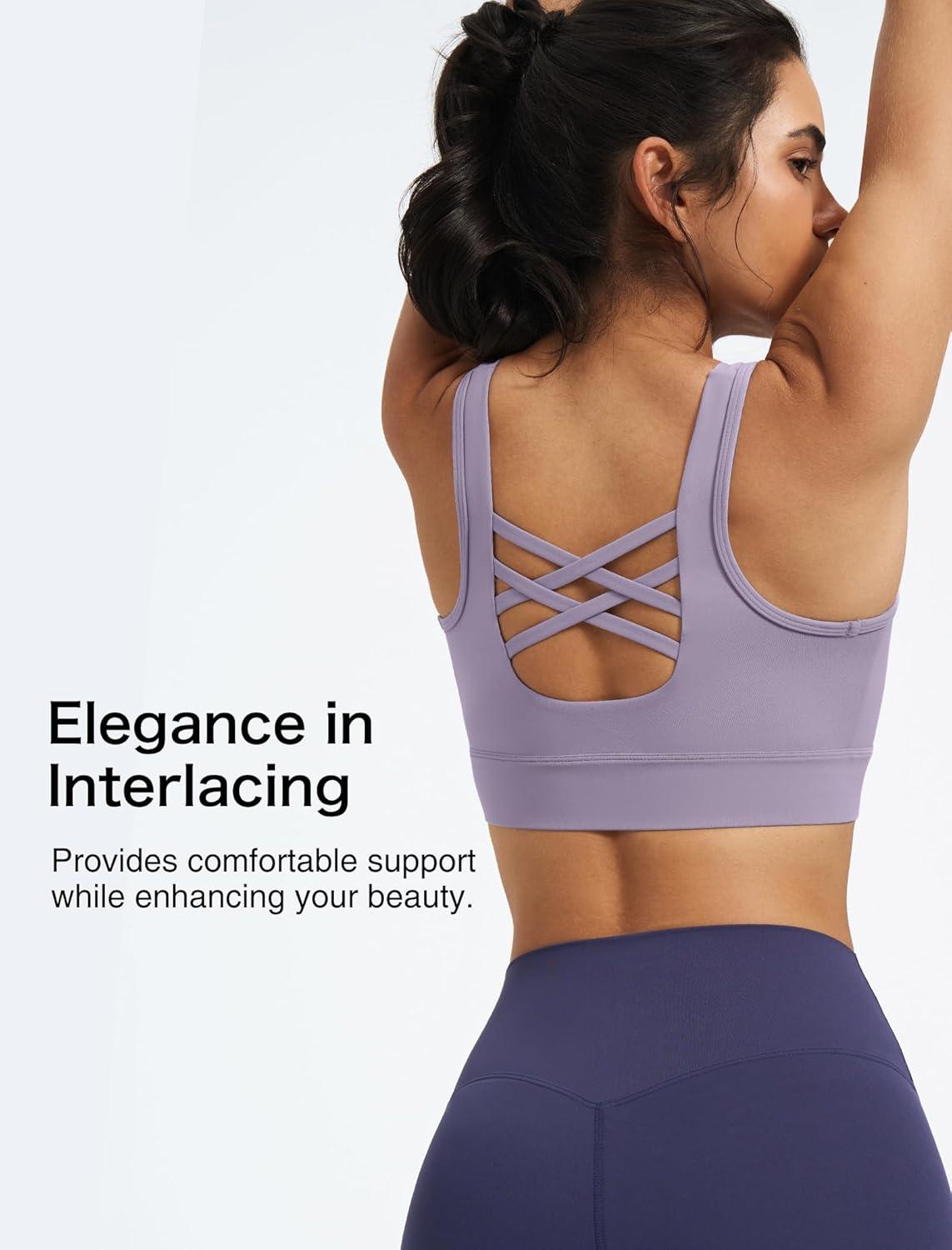 Yvette Yoga Bras Light Support Cross Back Sports Bras U Neck with Wide Straps Fixed Pads for Workout Gym Pilates Daily(Lavender)