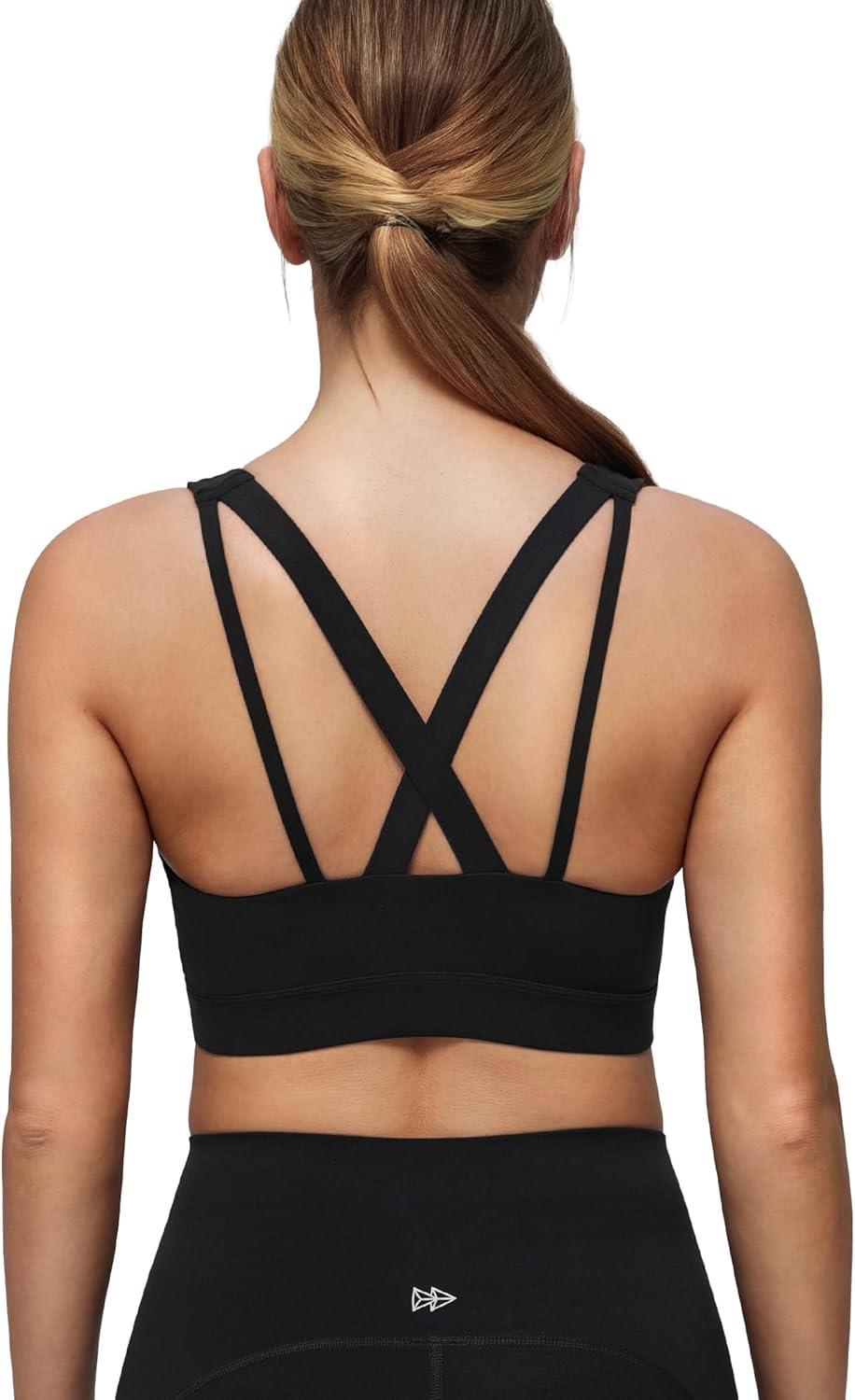 Yvette V Neck Criss Cross Back Yoga Sports Bra Women Wide Straps Light Support Removable Padding Workout Tank Top(Black)