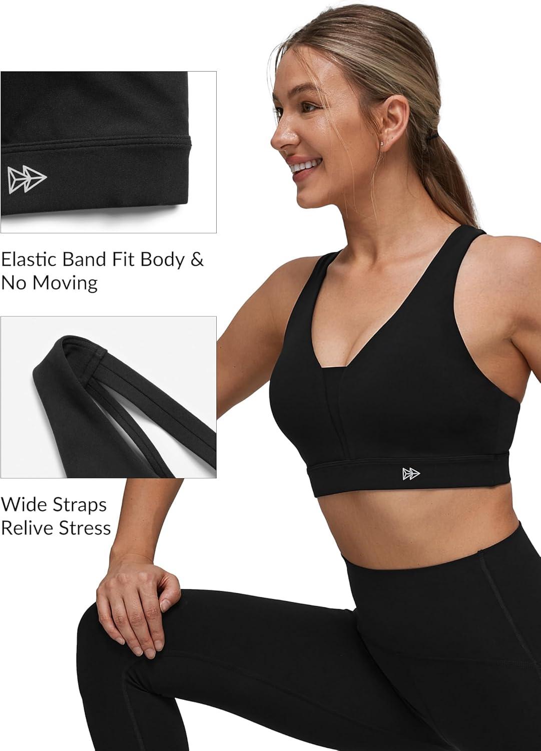 Yvette V Neck Criss Cross Back Yoga Sports Bra Women Wide Straps Light Support Removable Padding Workout Tank Top(Black)