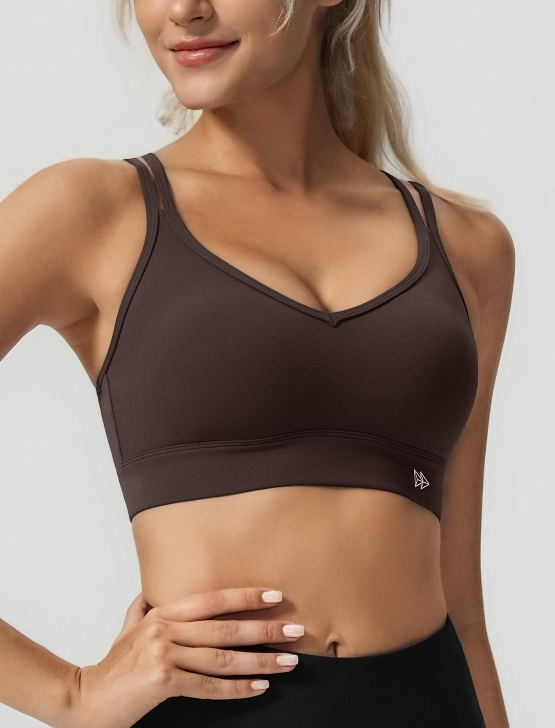 Yvette Yoga Bras Light Support for Women Low Impact Spaghetti Strap Mesh Splicing Style for Yoga Pilates Walking Daily(Wine Red)