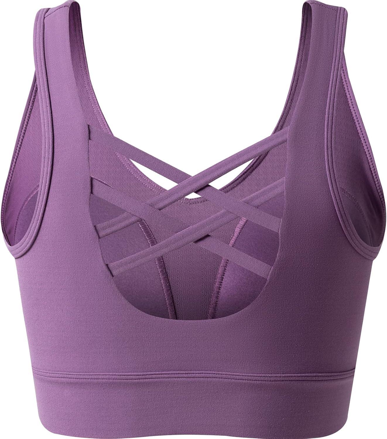 Yvette Yoga Bras Light Support Cross Back Sports Bras U Neck with Wide Straps Fixed Pads for Workout Gym Pilates Daily(Grape Purple)