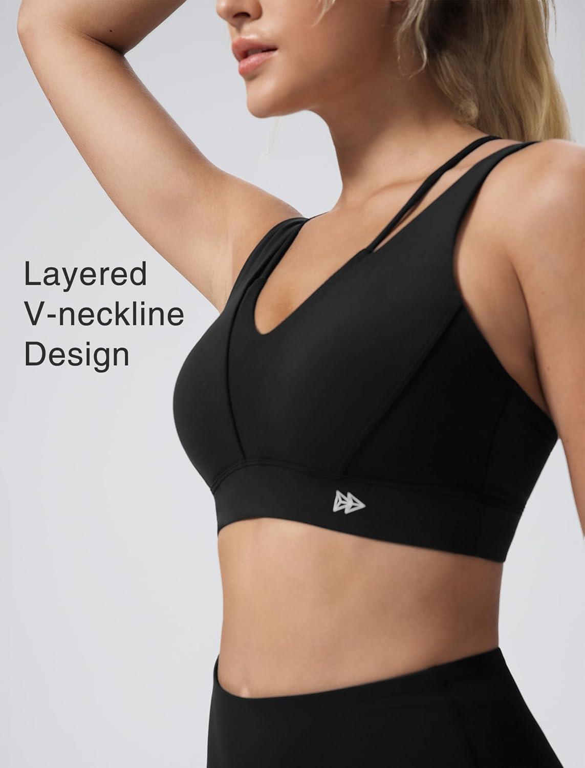 Yvette V-Neck Yoga Bra with Fixed Cups Cross-Back Design Sports Bras Workout Crop Top for Women(Black)