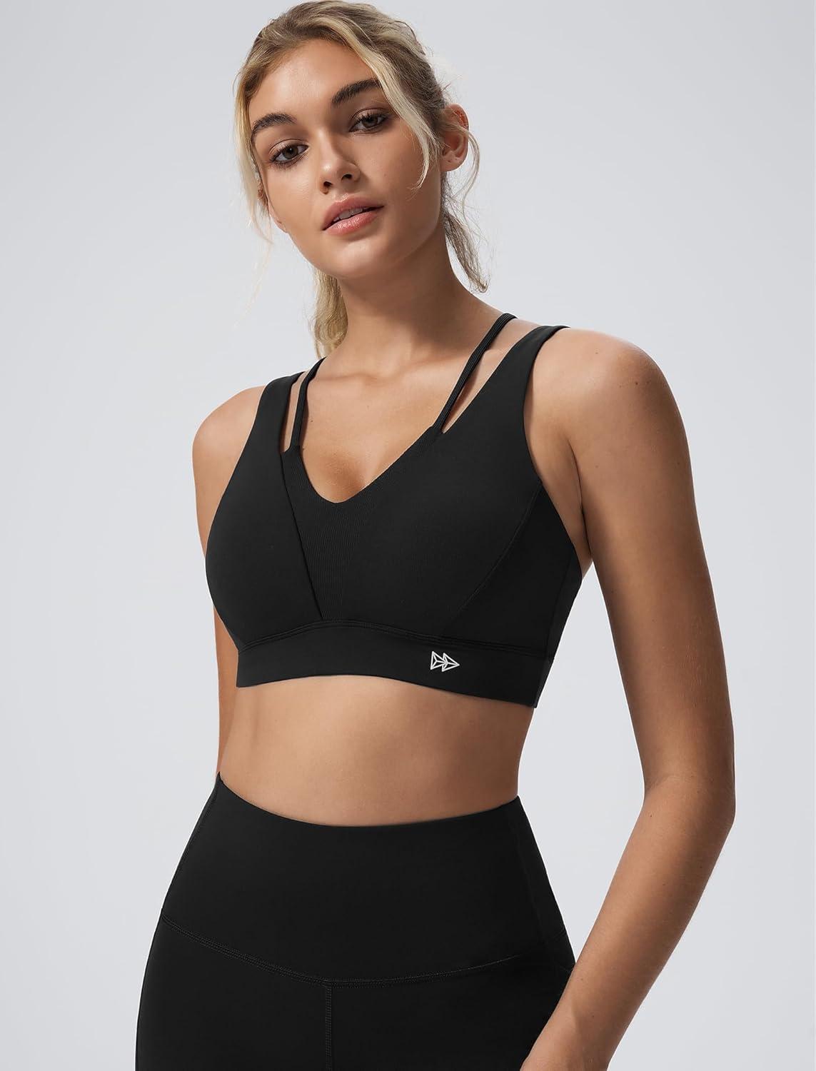 Yvette V-Neck Yoga Bra with Fixed Cups Cross-Back Design Sports Bras Workout Crop Top for Women(Black)