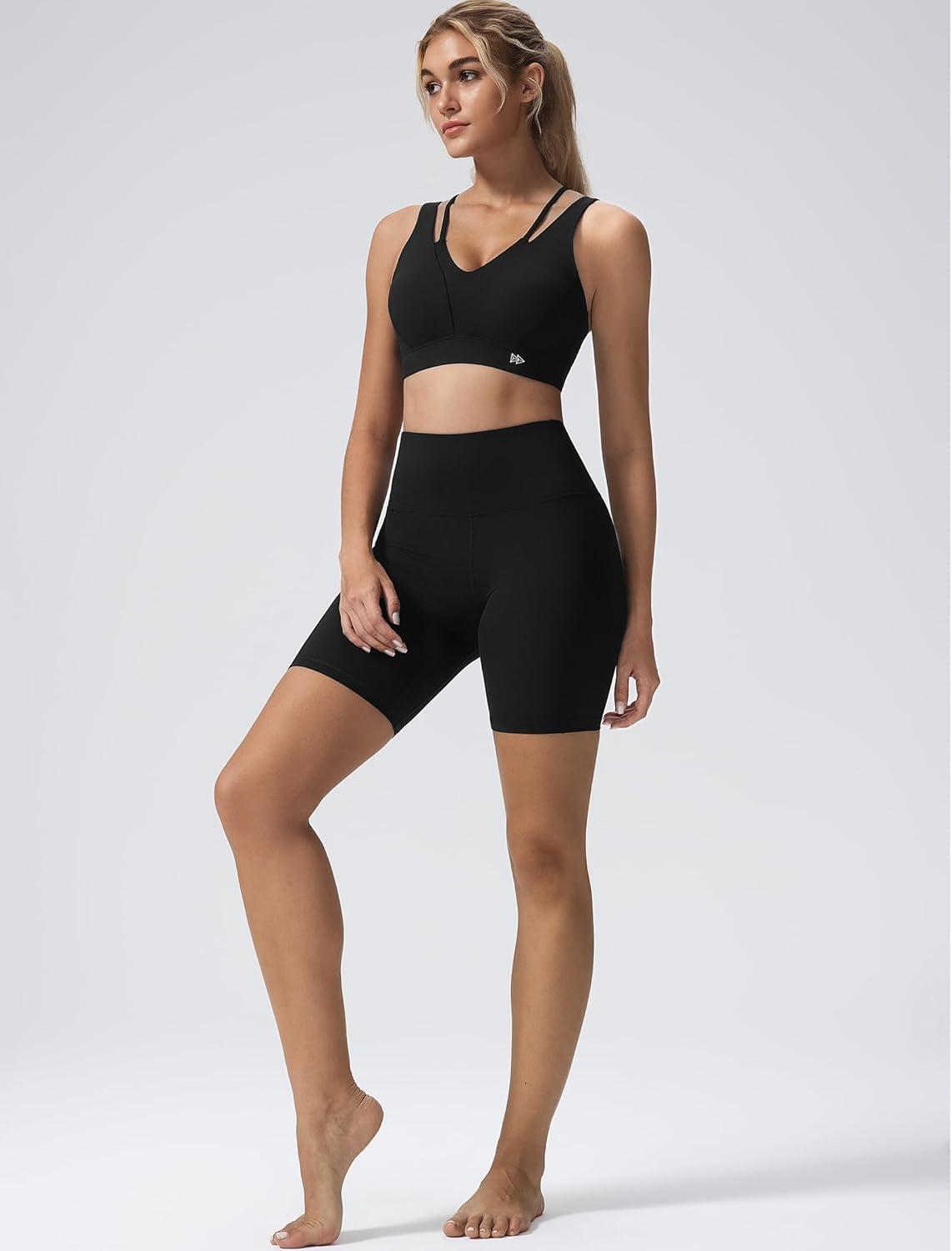 Yvette V-Neck Yoga Bra with Fixed Cups Cross-Back Design Sports Bras Workout Crop Top for Women(Black)