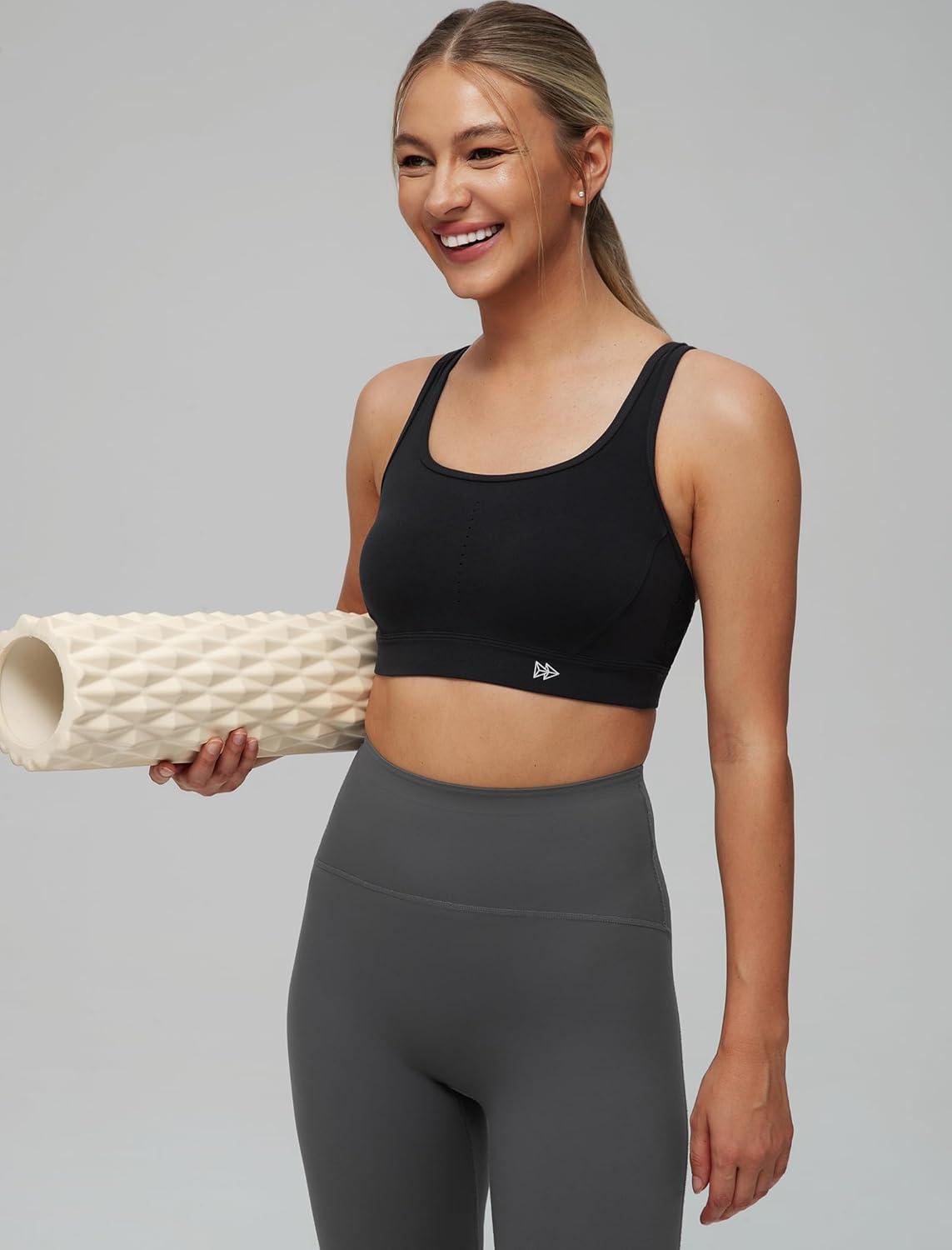 Yvette Women’s Sports Bra Breathable Yoga Bra with Jacquard Back Panel & Cross Straps for Fitness,Gym(Black)
