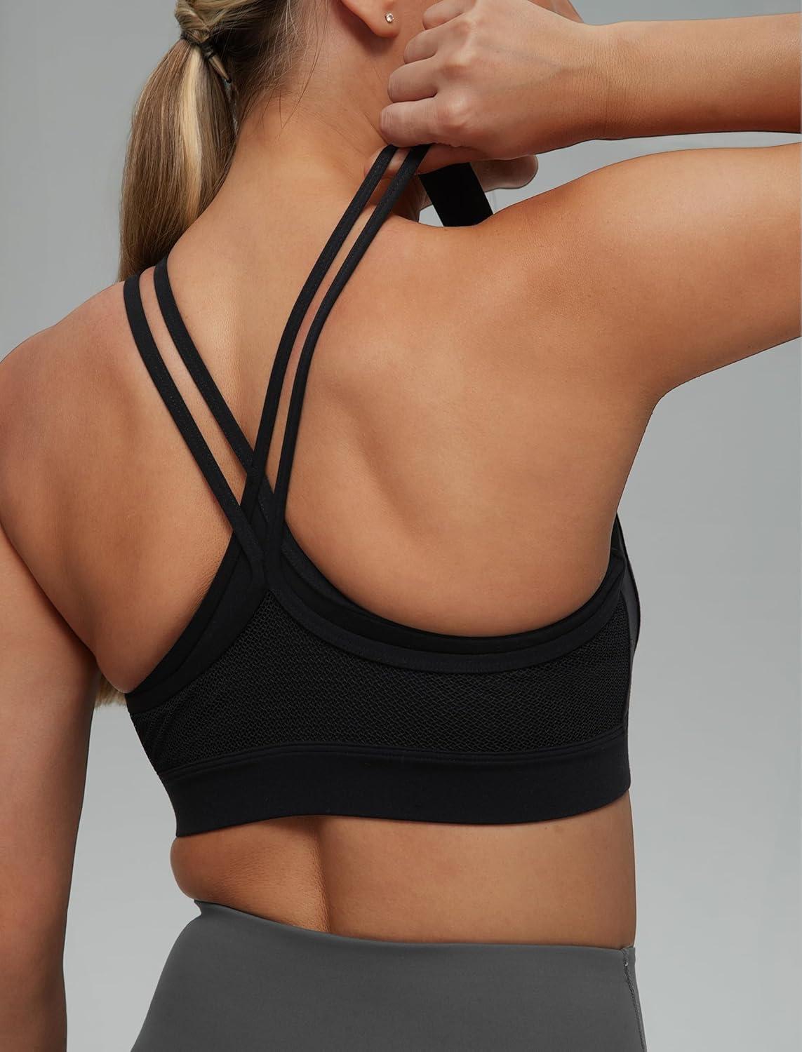 Yvette Women’s Sports Bra Breathable Yoga Bra with Jacquard Back Panel & Cross Straps for Fitness,Gym(Black)
