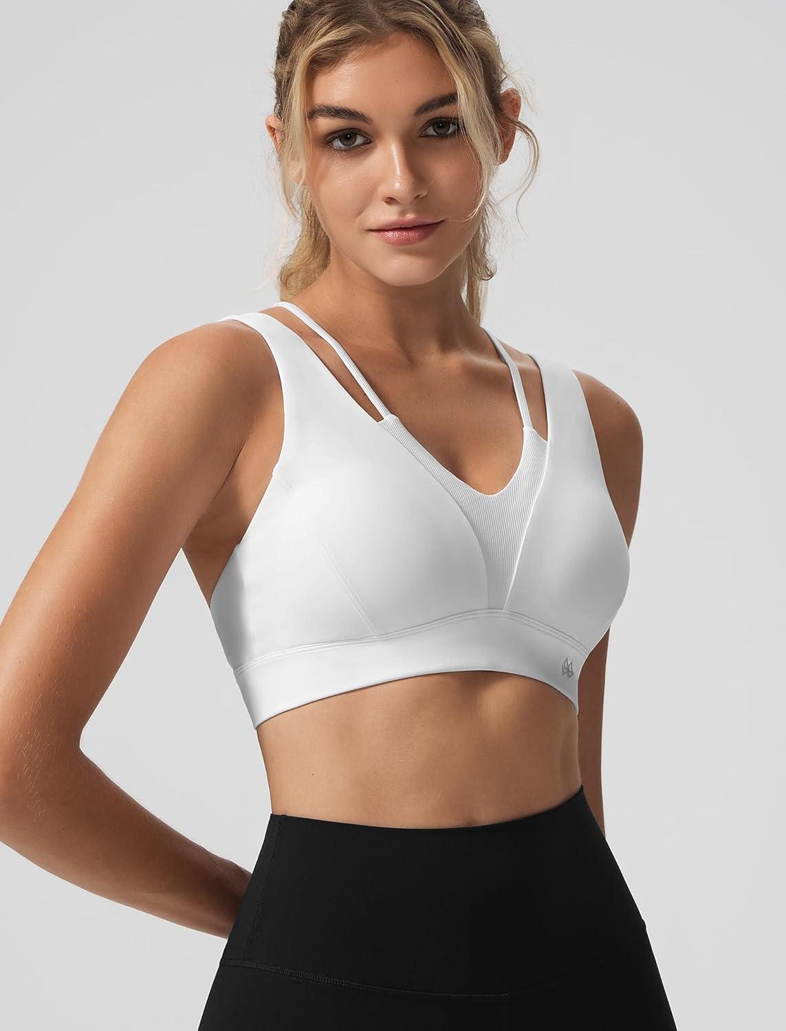 Yvette V-Neck Yoga Bra with Fixed Cups Cross-Back Design Sports Bras Workout Crop Top for Women(White)