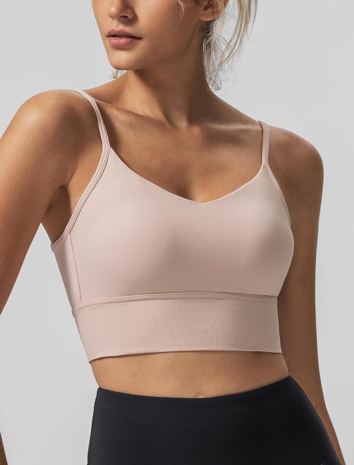 Yvette Adjustable Spaghetti Straps V Back Sports Bras for Women Light Support Padded Wireless Yoga Bra Cropped Tank Top(Nude Pink)