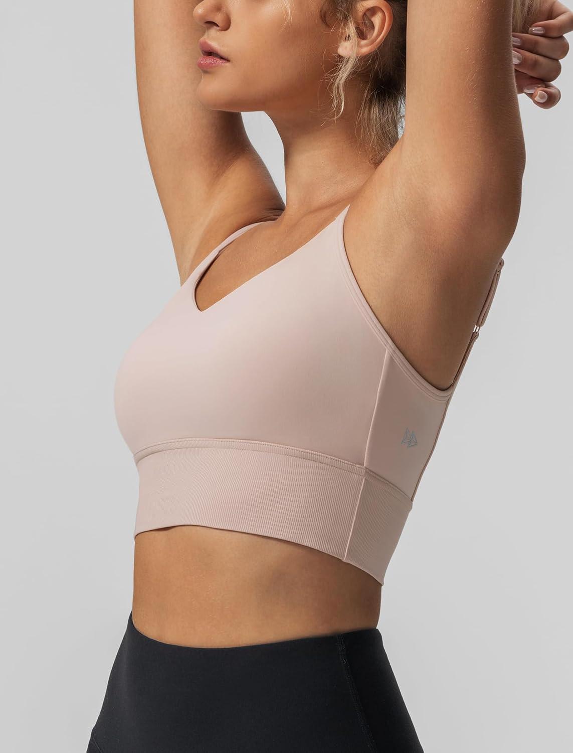 Yvette Adjustable Spaghetti Straps V Back Sports Bras for Women Light Support Padded Wireless Yoga Bra Cropped Tank Top(Nude Pink)