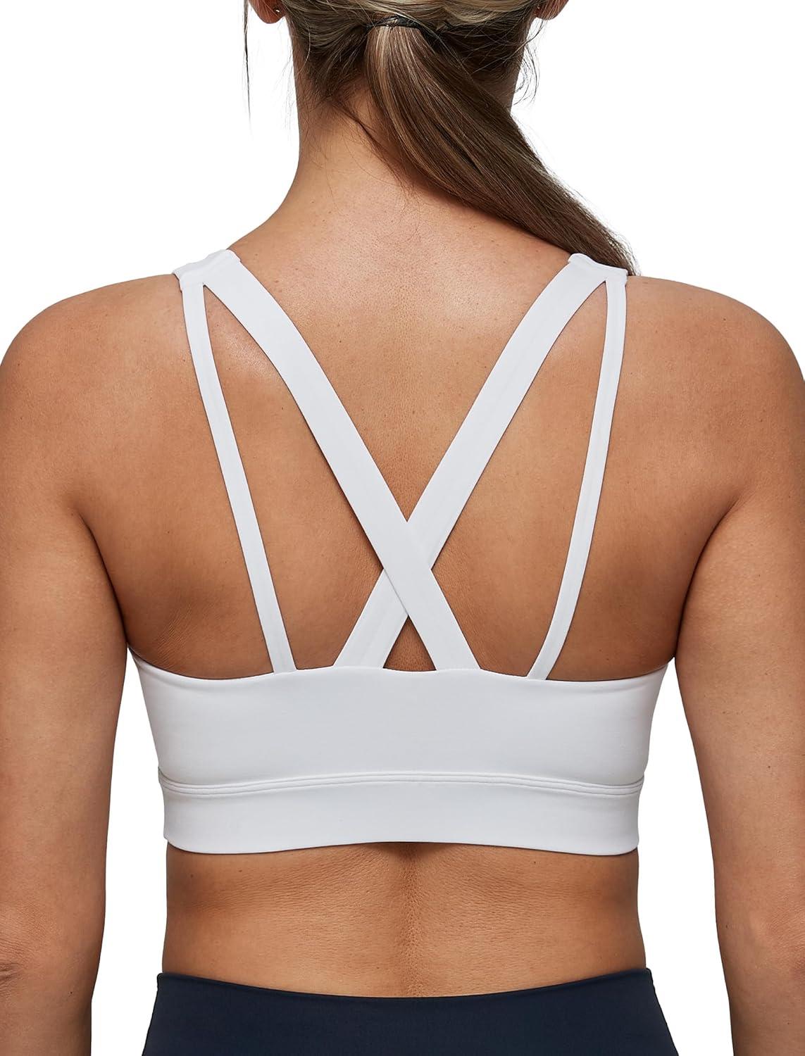 Yvette V Neck Criss Cross Back Yoga Sports Bra Women Wide Straps Light Support Removable Padding Workout Tank Top(White)