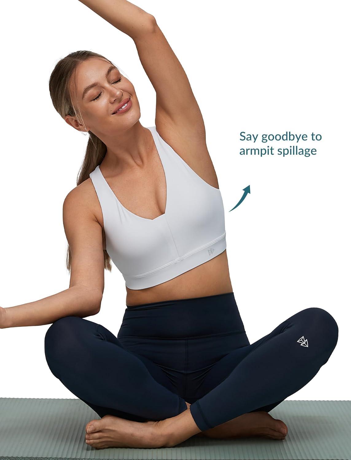 Yvette V Neck Criss Cross Back Yoga Sports Bra Women Wide Straps Light Support Removable Padding Workout Tank Top(White)