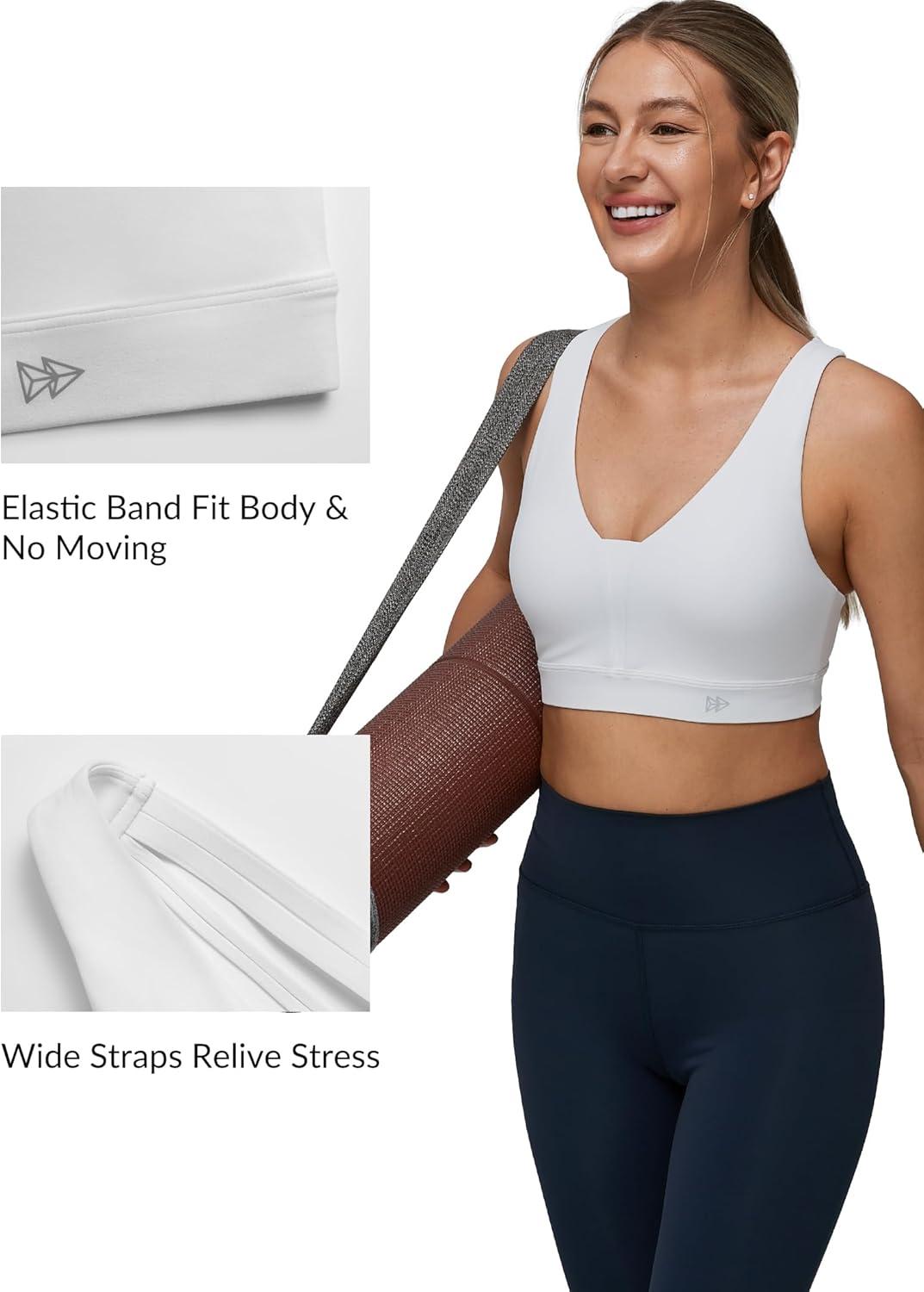 Yvette V Neck Criss Cross Back Yoga Sports Bra Women Wide Straps Light Support Removable Padding Workout Tank Top(White)