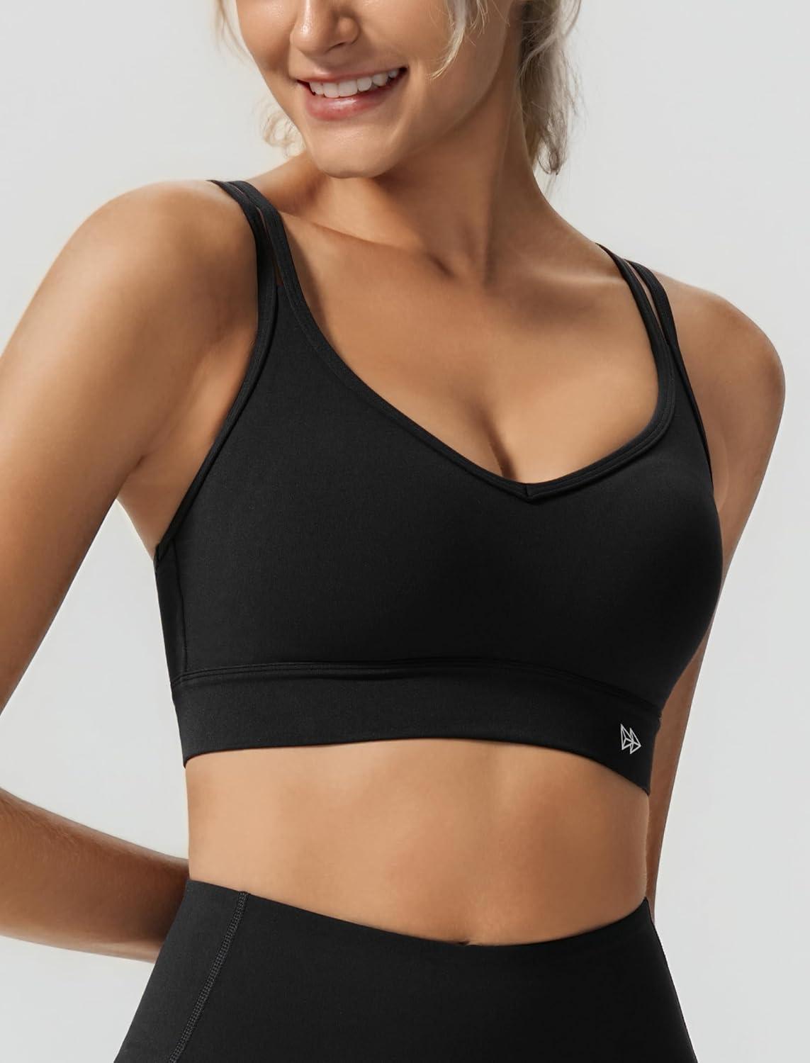 Yvette Yoga Bras Light Support for Women Low Impact Spaghetti Strap Mesh Splicing Style for Yoga Pilates Walking Daily(Black)