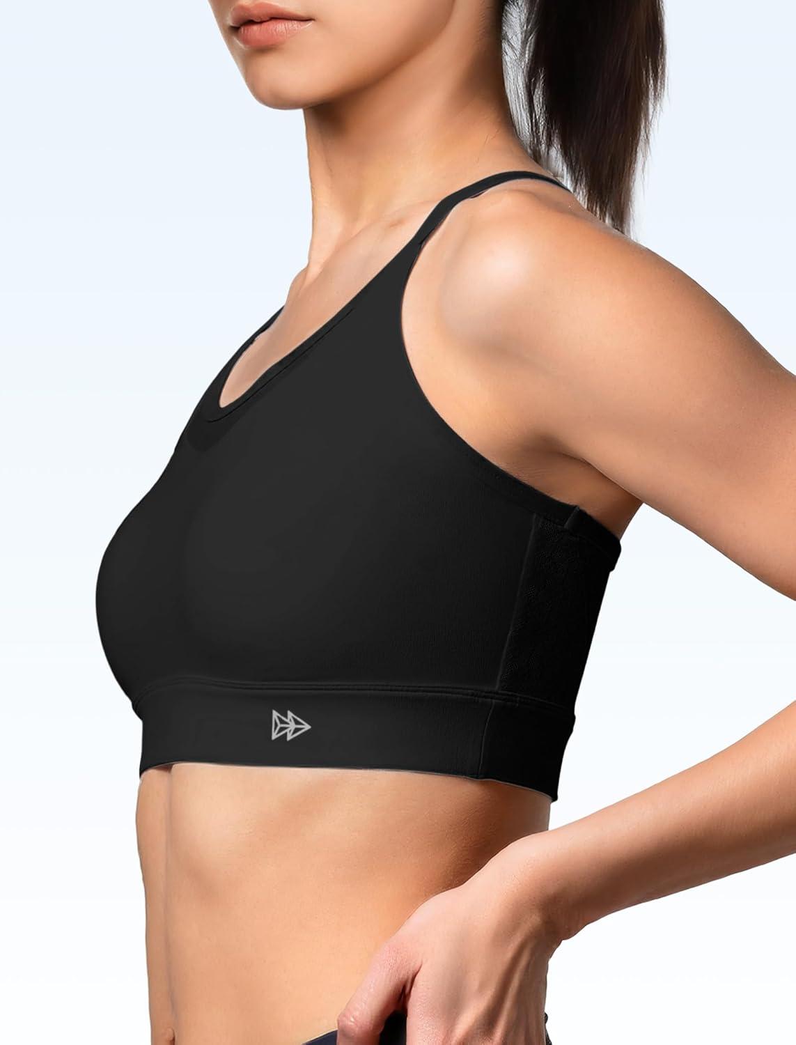 Yvette Women’s Lightweight Sports Bra 3D Fixed Cup – Mesh Yoga Workout Top with Spaghetti Strap(Black)