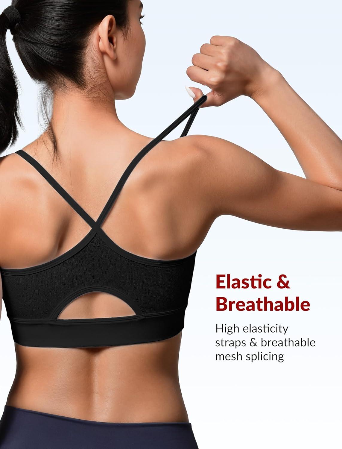 Yvette Women’s Lightweight Sports Bra 3D Fixed Cup – Mesh Yoga Workout Top with Spaghetti Strap(Black)
