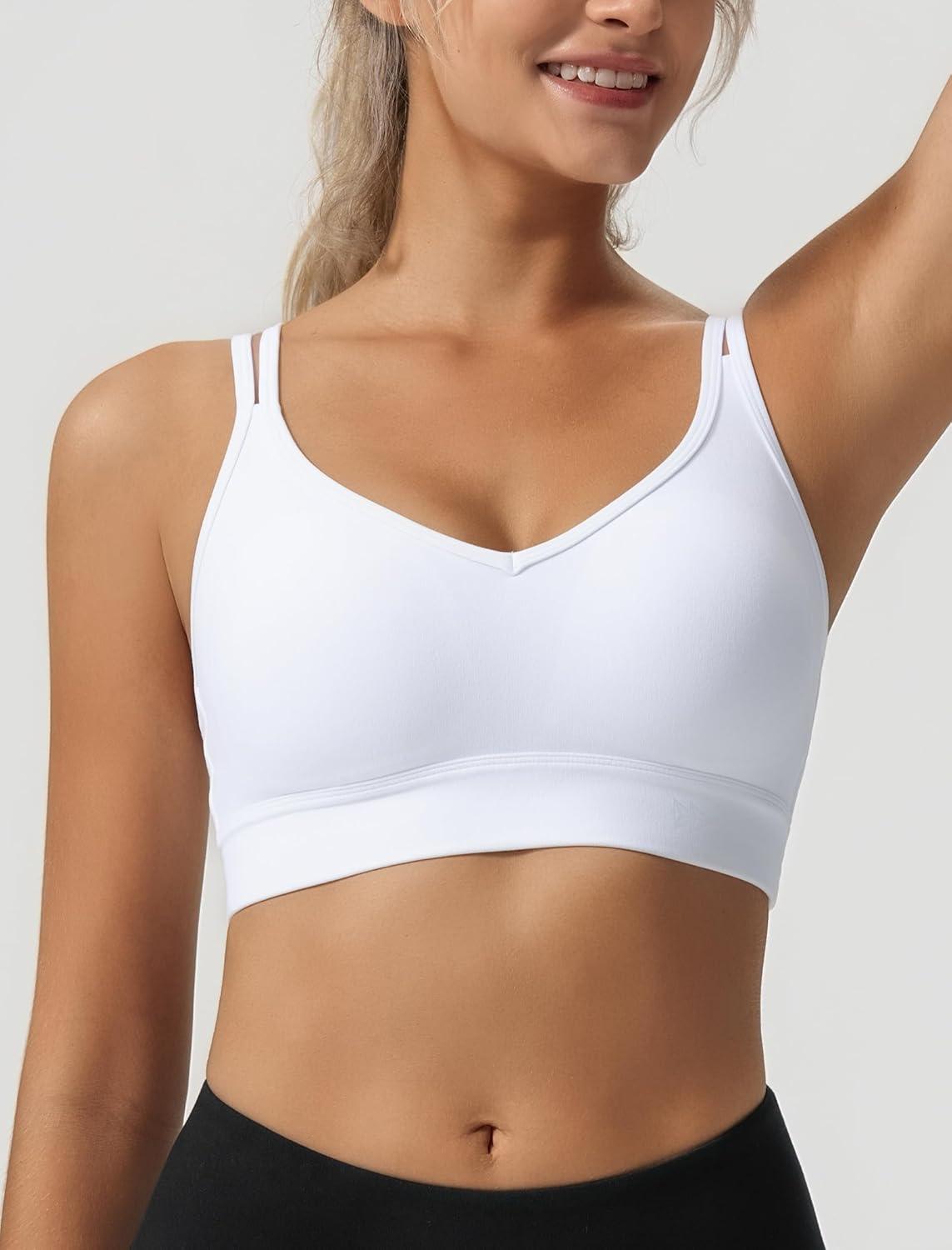 Yvette Yoga Bras Light Support for Women Low Impact Spaghetti Strap Mesh Splicing Style for Yoga Pilates Walking Daily(White)