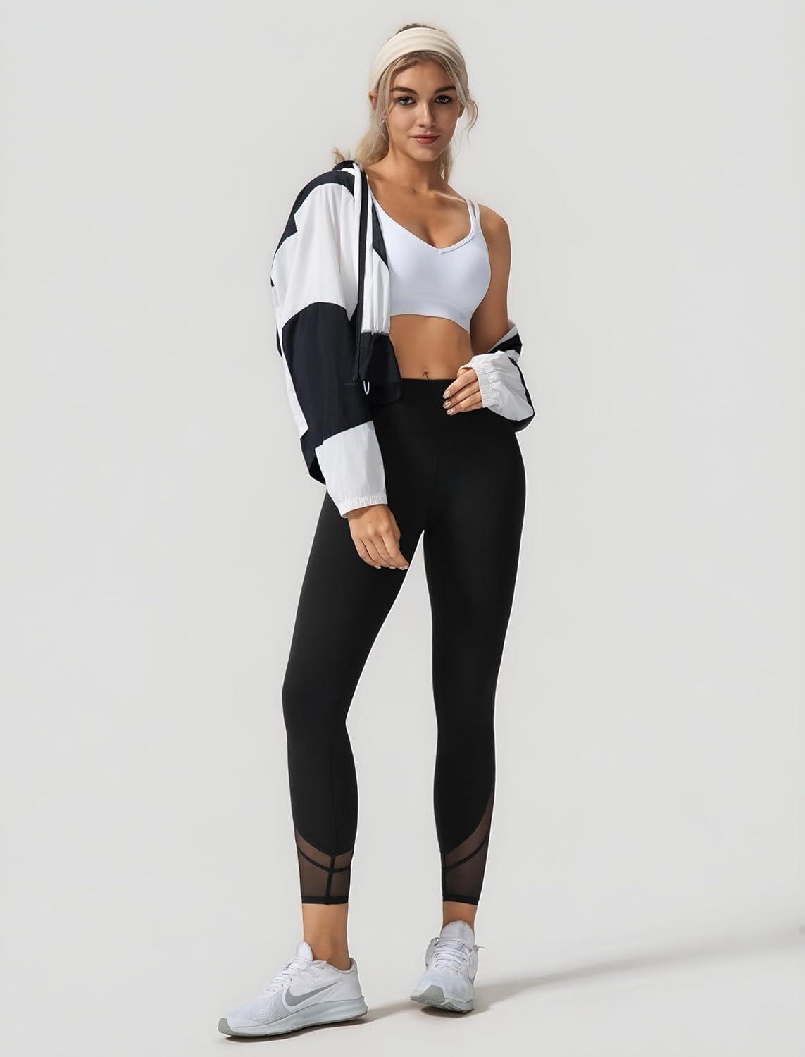 Yvette Yoga Bras Light Support for Women Low Impact Spaghetti Strap Mesh Splicing Style for Yoga Pilates Walking Daily(White)