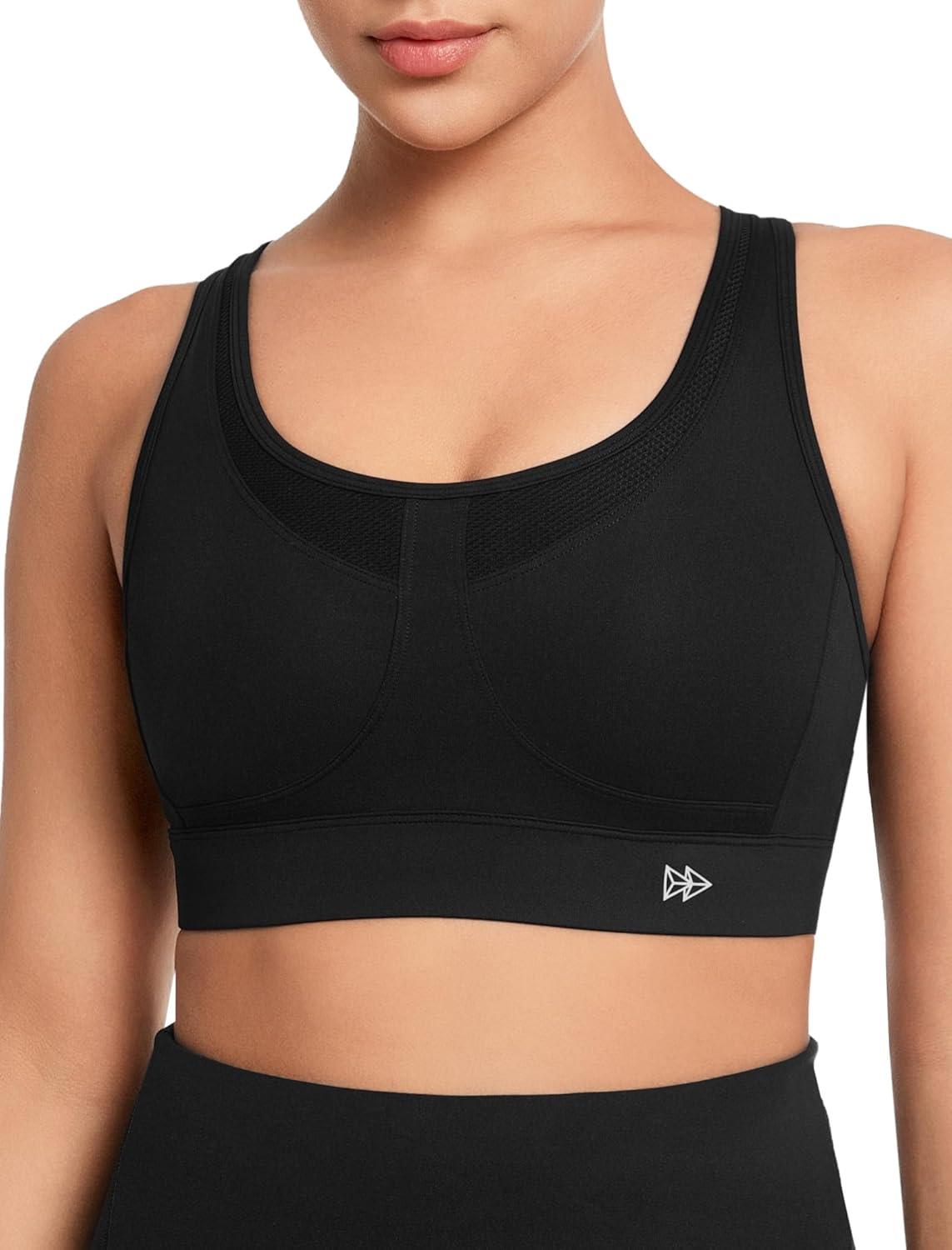Yvette Adjustable Sports Bras for Women High Support Large Bust Wireless Running Workout Sports Bra High Impact Plus Size(Black)