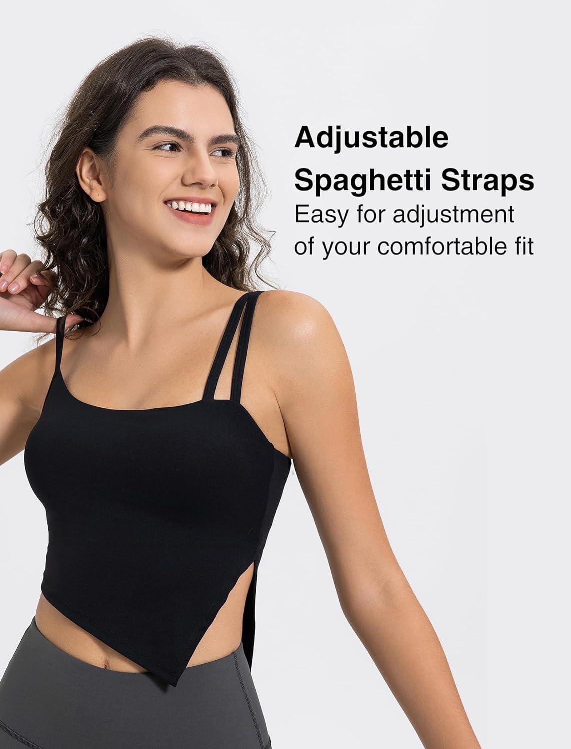 Yvette Sports Bras for Women with Removable Pads Adjustable Thin Straps Tank Tops(Black)