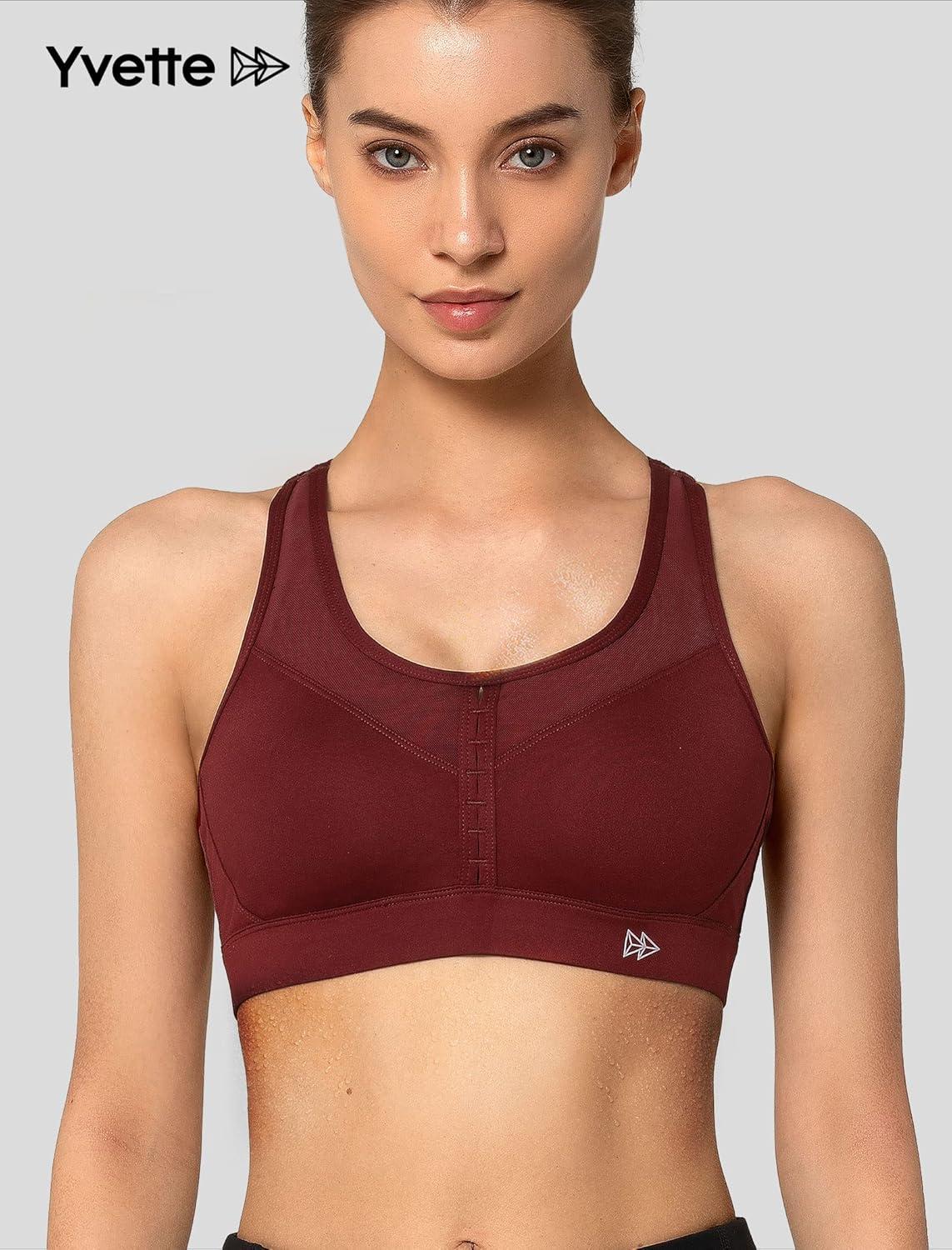 Yvette High Impact Sports Bra for Women High Support Adjustable Straps Running Workout Bra for Large Bust(Burgundy)