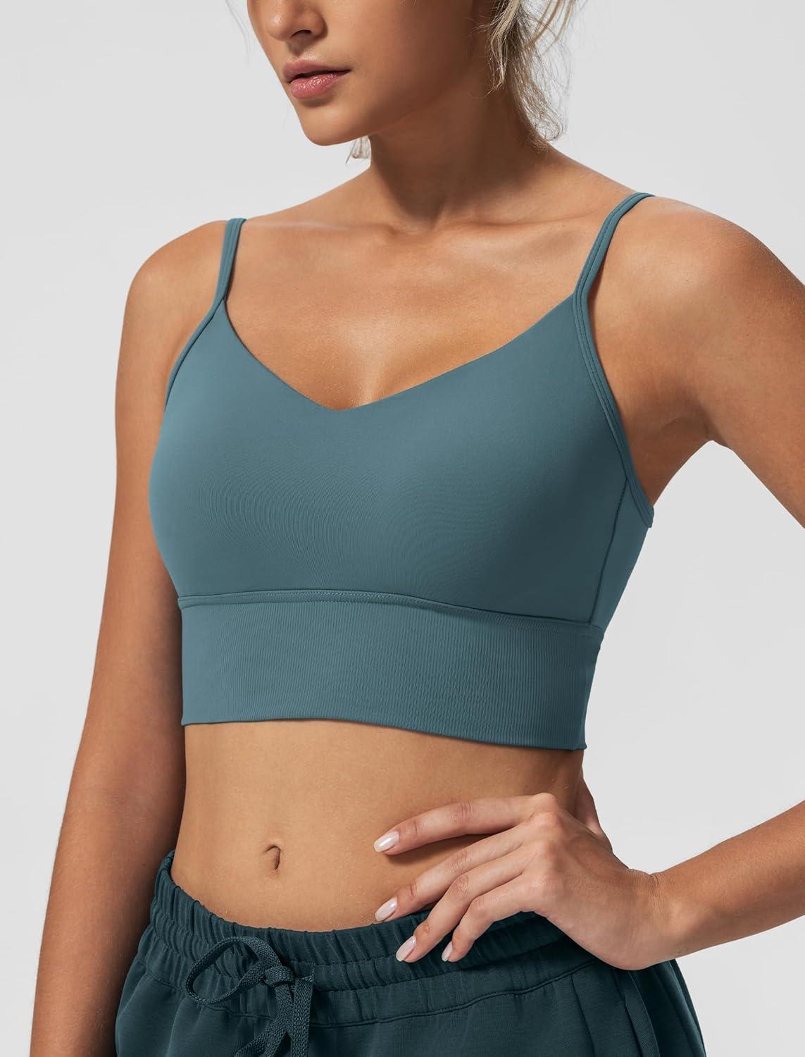 Yvette Adjustable Spaghetti Straps V Back Sports Bras for Women Light Support Padded Wireless Yoga Bra Cropped Tank Top(Blue)