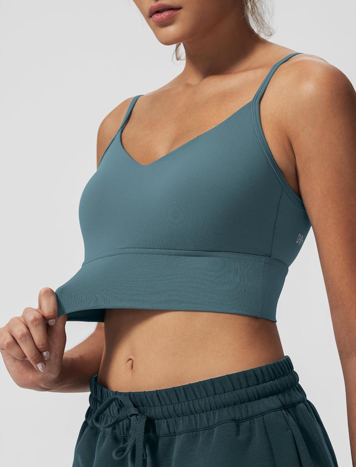 Yvette Adjustable Spaghetti Straps V Back Sports Bras for Women Light Support Padded Wireless Yoga Bra Cropped Tank Top(Blue)