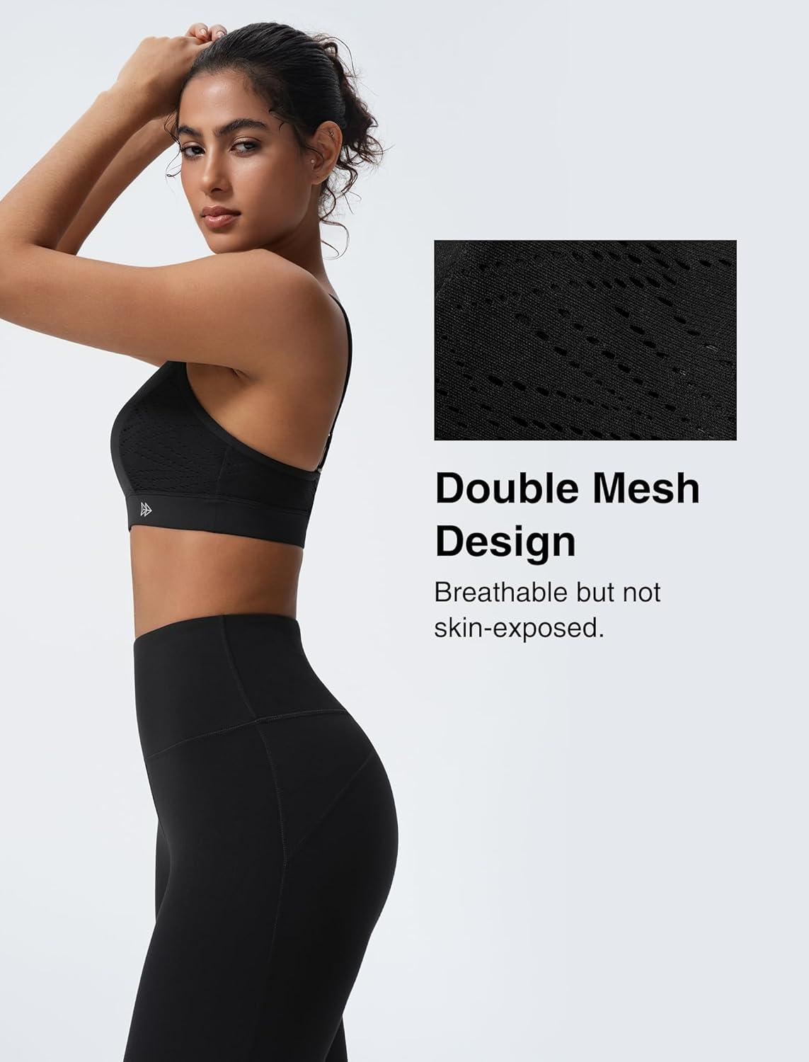 Yvette Women’s V Neck Adjustable Straps Bra Breathable Mesh Design with Removable Pads Soft and Comfort Bra(Black)