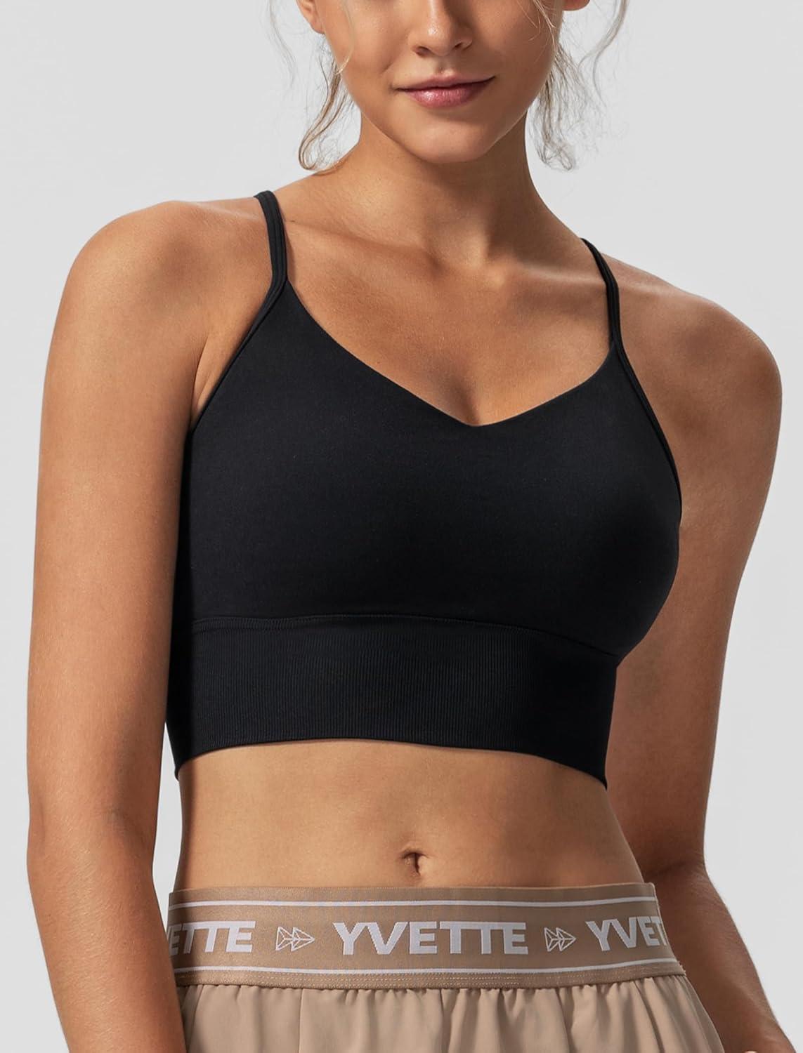 Yvette Adjustable Spaghetti Straps V Back Sports Bras for Women Light Support Padded Wireless Yoga Bra Cropped Tank Top(Black)