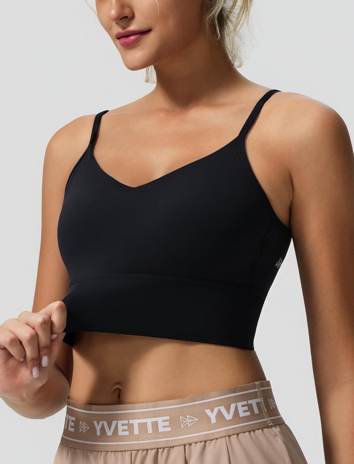 Yvette Adjustable Spaghetti Straps V Back Sports Bras for Women Light Support Padded Wireless Yoga Bra Cropped Tank Top(Black)