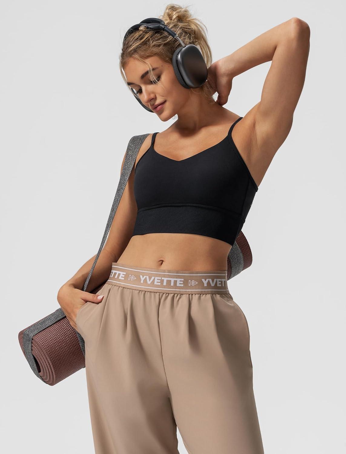 Yvette Adjustable Spaghetti Straps V Back Sports Bras for Women Light Support Padded Wireless Yoga Bra Cropped Tank Top(Black)