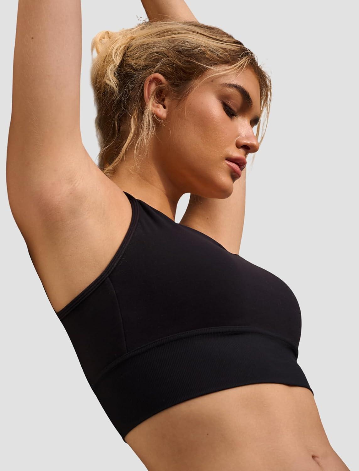 Yvette Adjustable Spaghetti Straps V Back Sports Bras for Women Light Support Padded Wireless Yoga Bra Cropped Tank Top(Black)