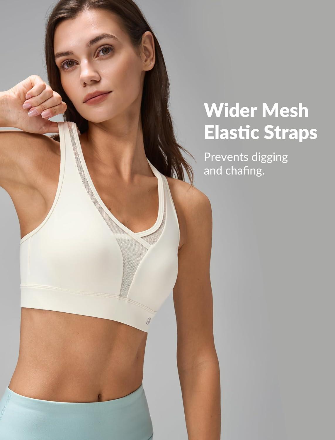 Yvette Womens Sports Bras High Imapct Adjustable Straps Large Bust Workout Supportive Bras for Running(Ivory)