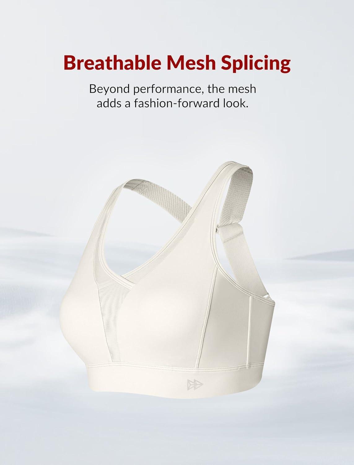 Yvette Womens Sports Bras High Imapct Adjustable Straps Large Bust Workout Supportive Bras for Running(Ivory)