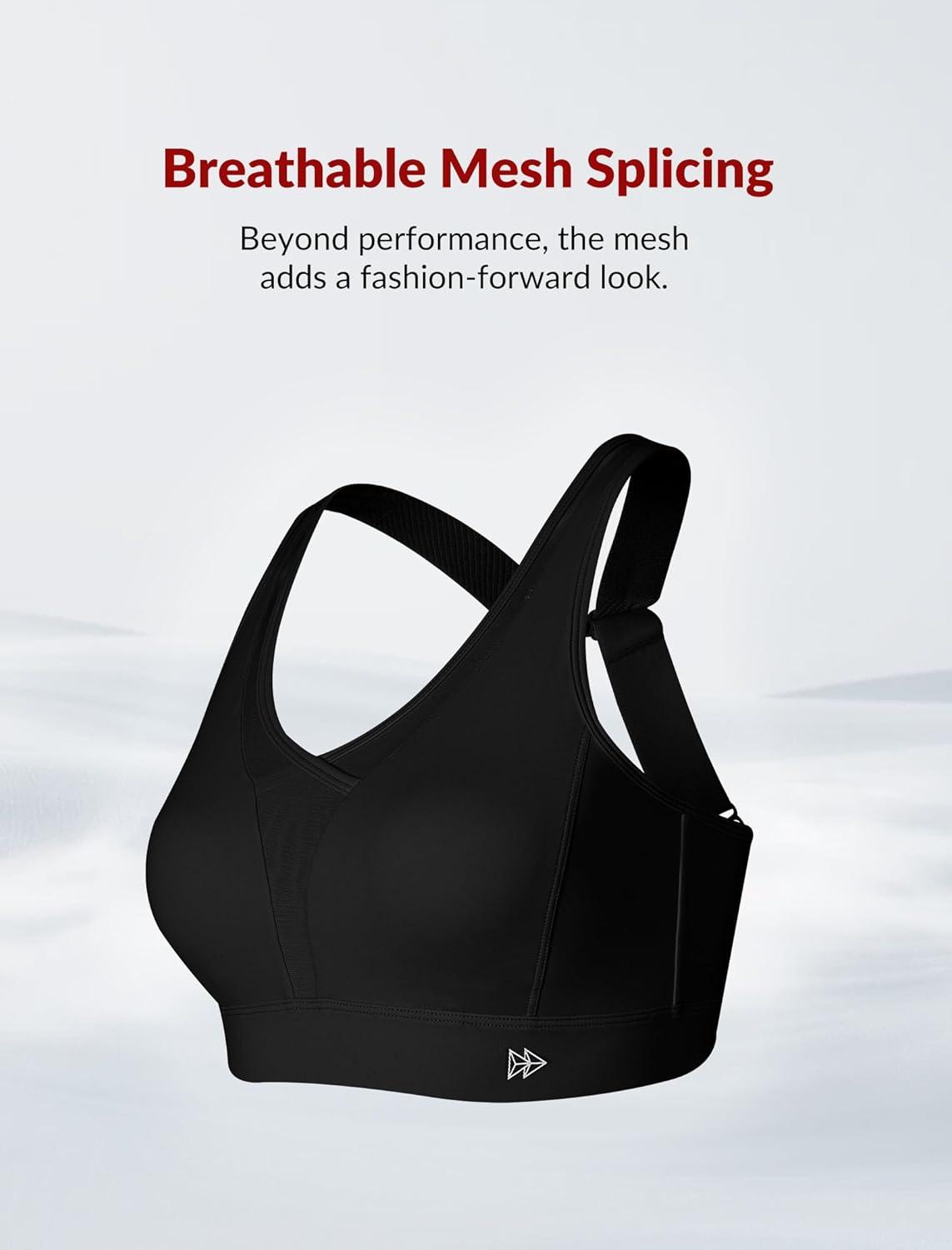 Yvette Womens Sports Bras High Imapct Adjustable Straps Large Bust Workout Supportive Bras for Running(Black)