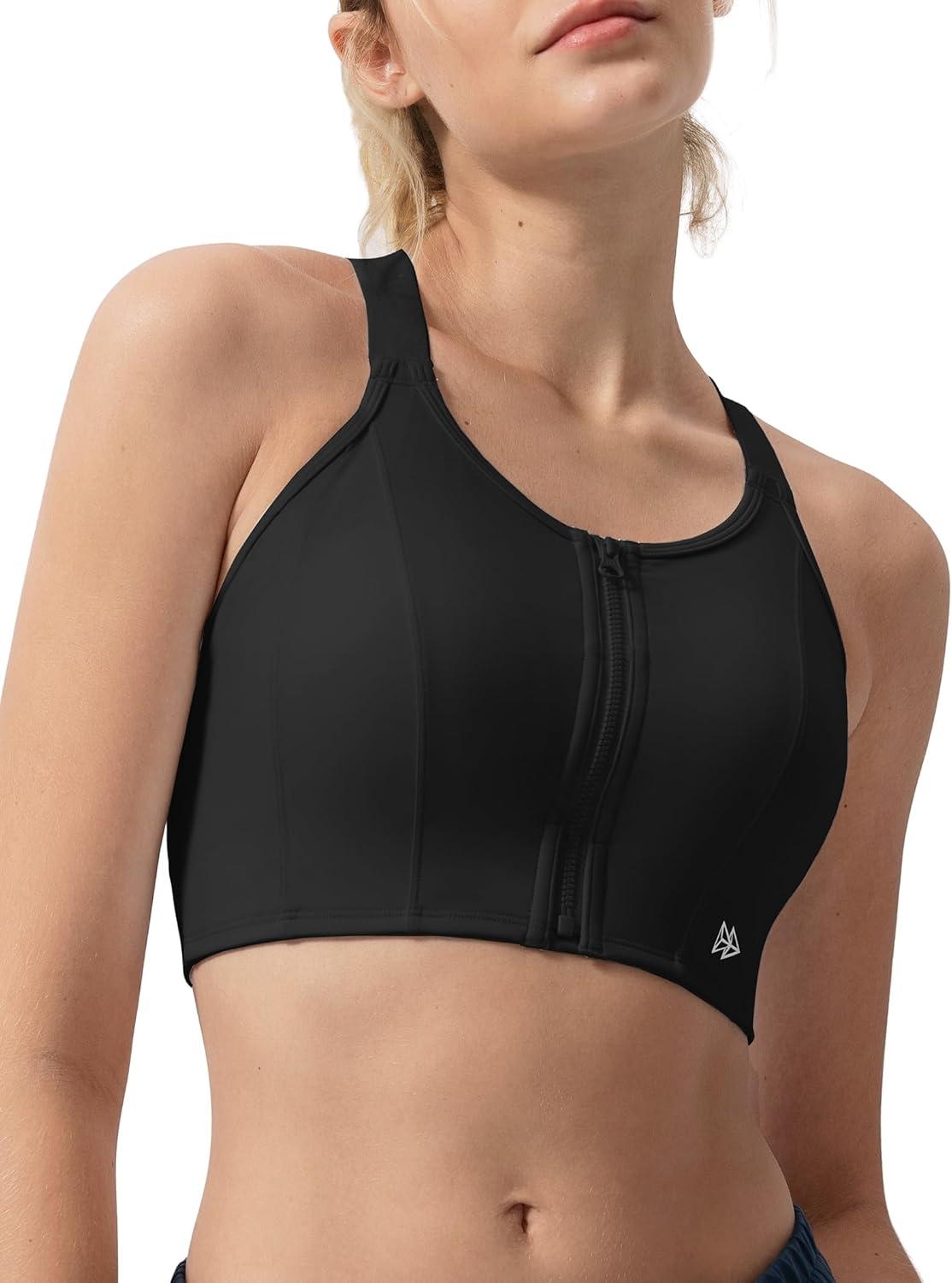 Yvette Adjustable Front Closure Sports Bras for Women High Support Impact No Bounce Sports Bra Running for Big Breasts(Black)