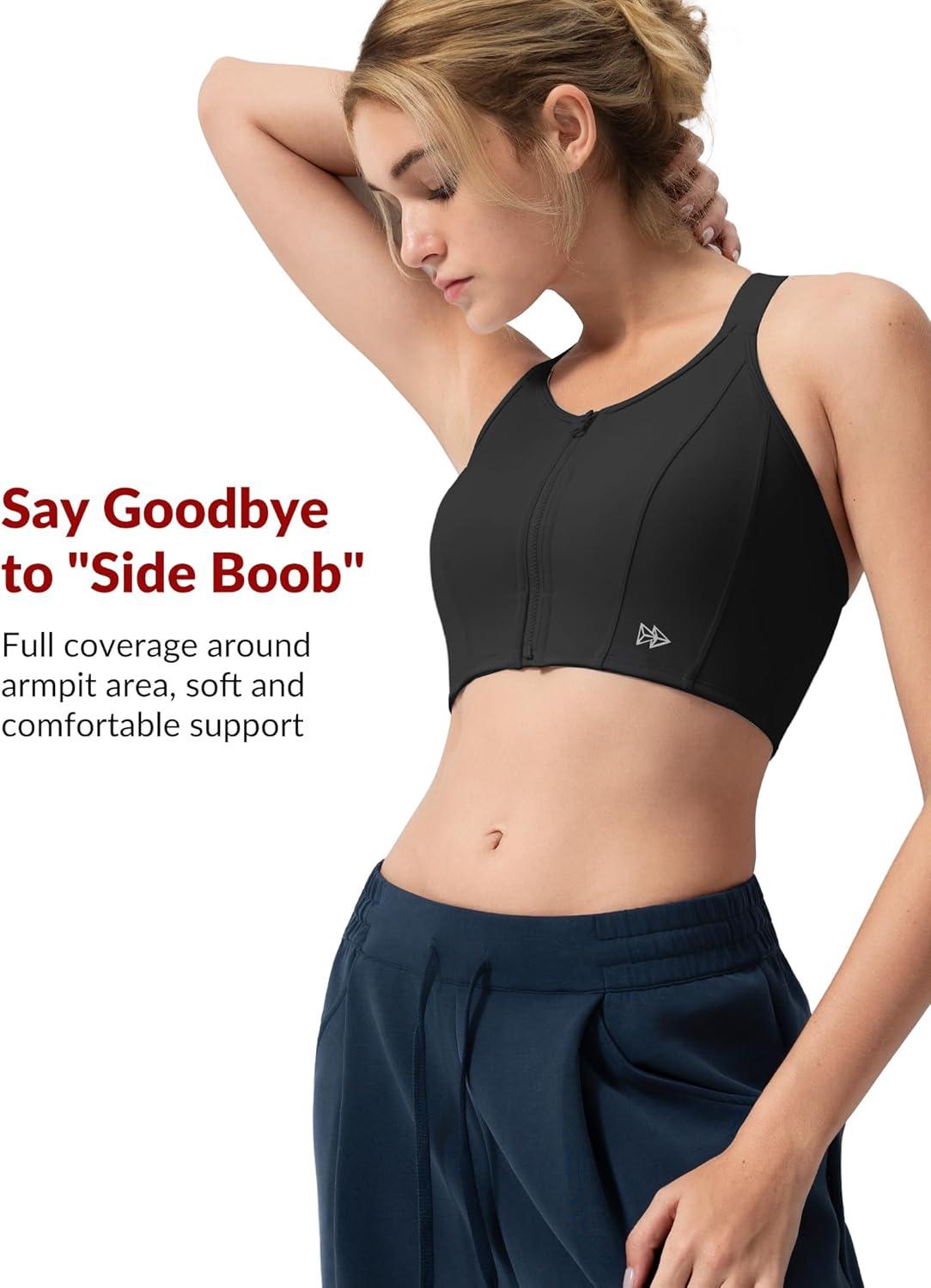 Yvette Adjustable Front Closure Sports Bras for Women High Support Impact No Bounce Sports Bra Running for Big Breasts(Black)