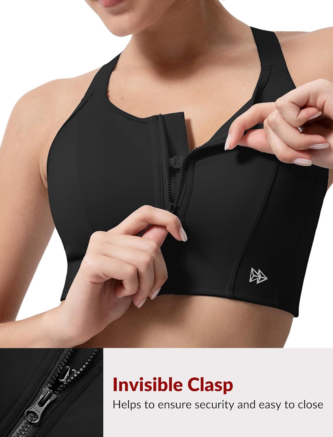 Yvette Adjustable Front Closure Sports Bras for Women High Support Impact No Bounce Sports Bra Running for Big Breasts(Black)