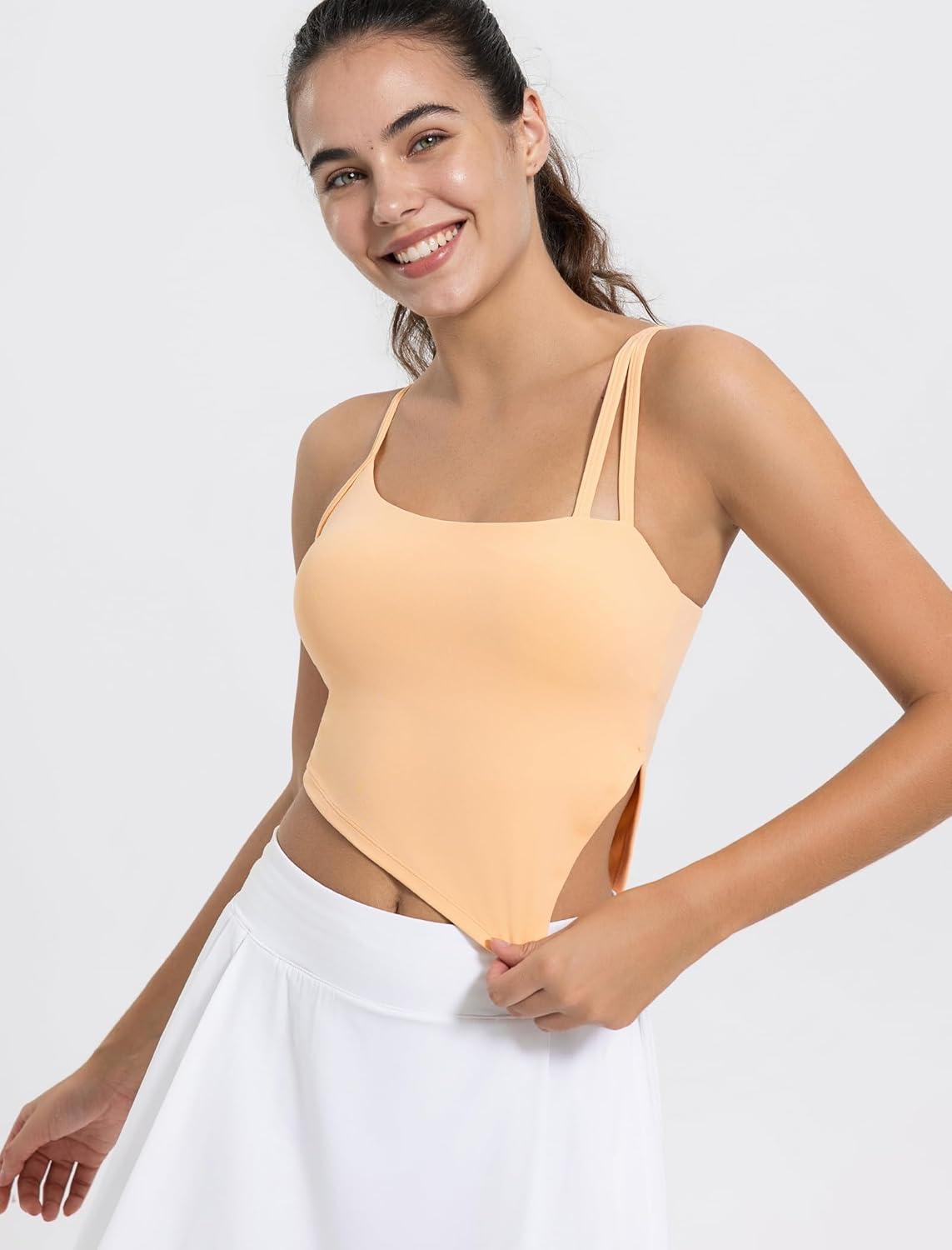 Yvette Sports Bras for Women with Removable Pads Adjustable Thin Straps Tank Tops(Orange)