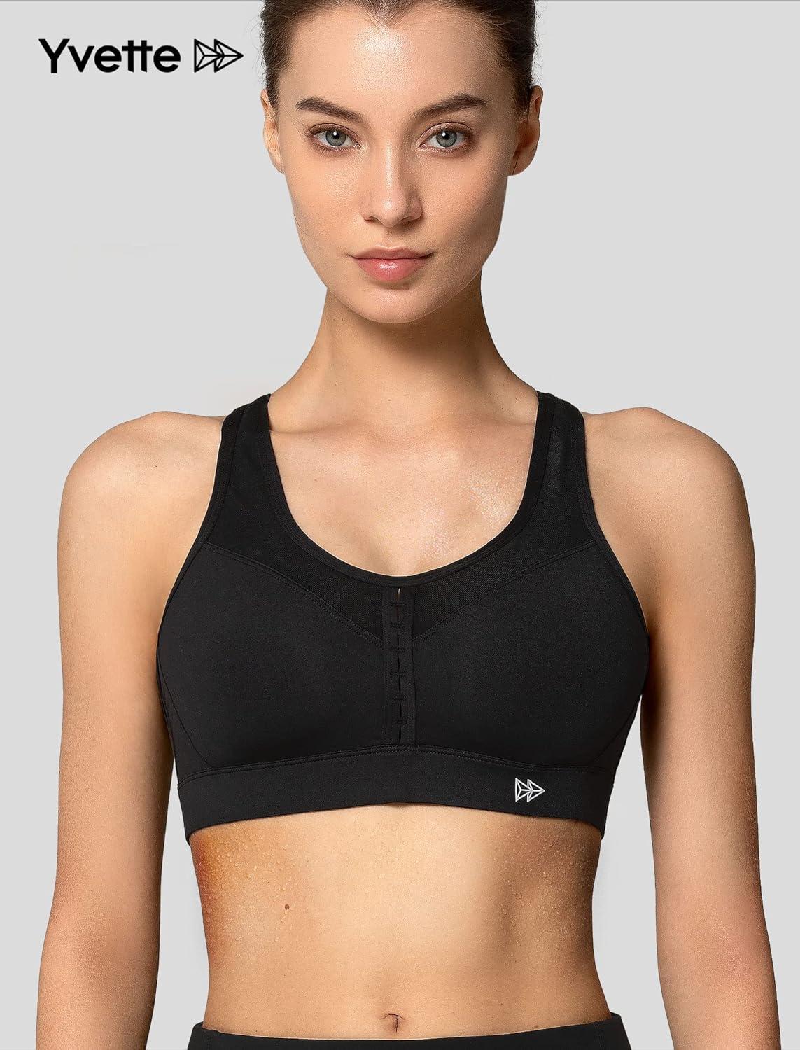 Yvette High Impact Sports Bra for Women High Support Adjustable Straps Running Workout Bra for Large Bust(Licorice Black)