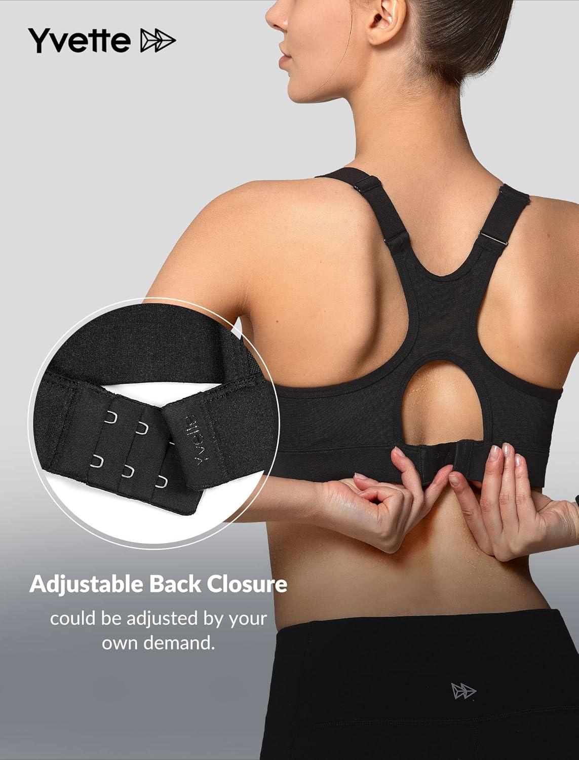 Yvette High Impact Sports Bra for Women High Support Adjustable Straps Running Workout Bra for Large Bust(Licorice Black)