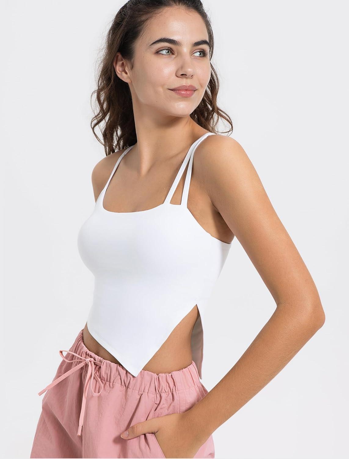 Yvette Sports Bras for Women with Removable Pads Adjustable Thin Straps Tank Tops(White)