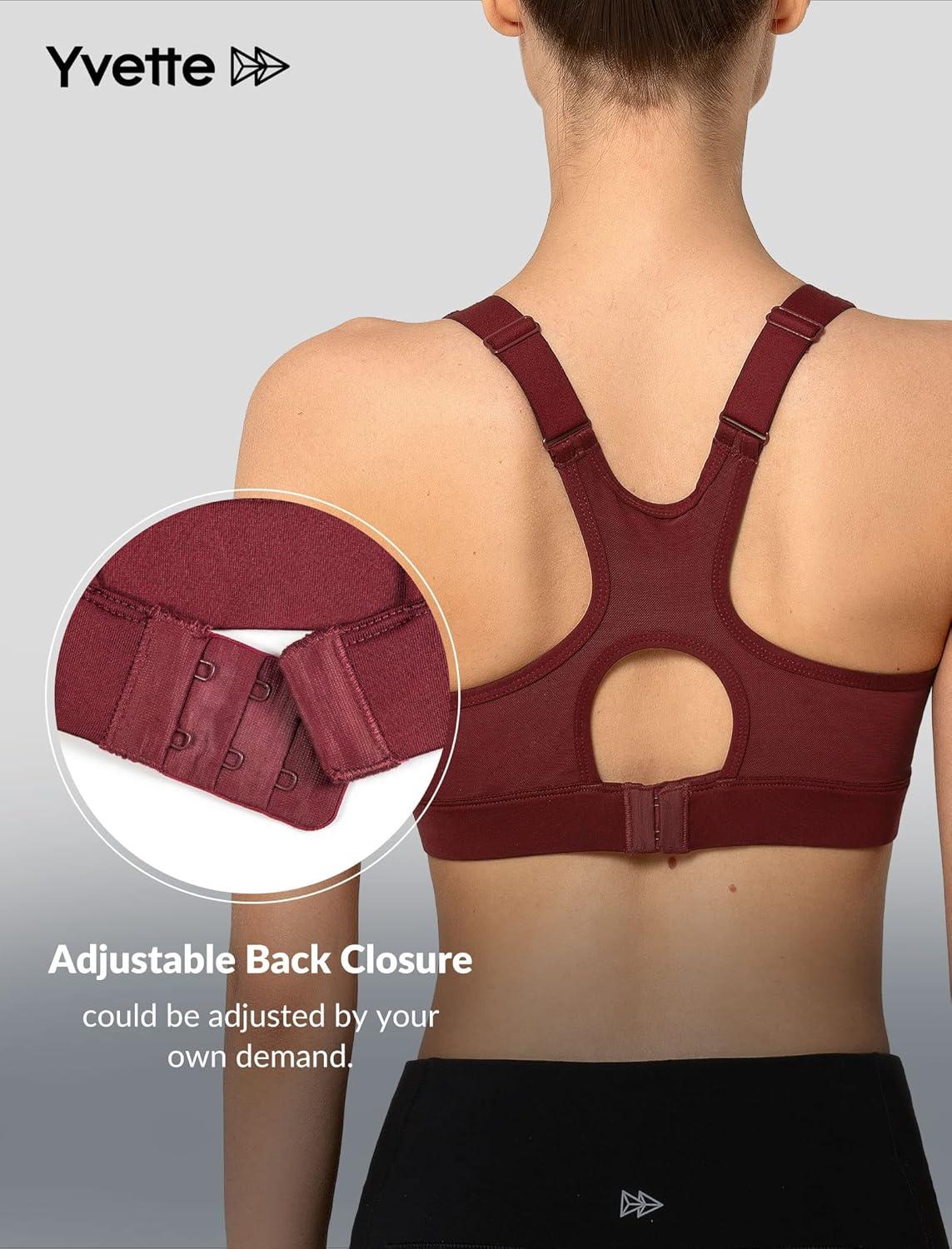 Yvette High Impact Sports Bra for Women High Support Adjustable Straps Running Workout Bra for Large Bust(Burgundy Red)