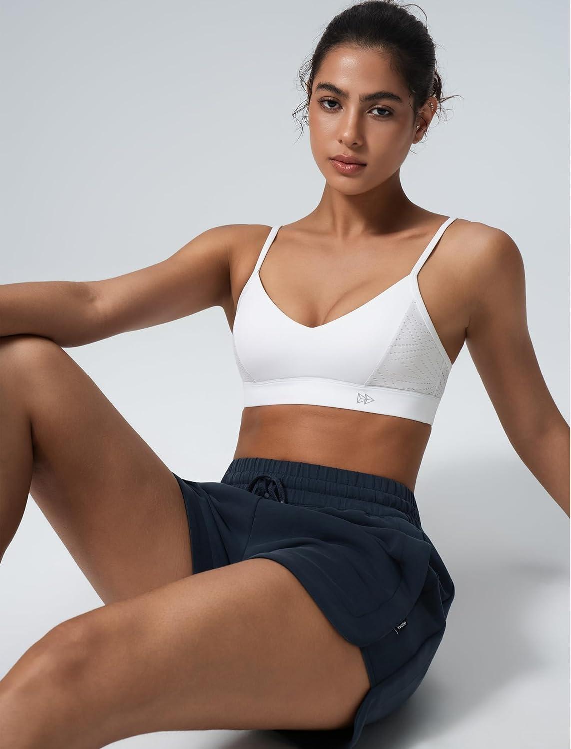 Yvette Women’s V Neck Adjustable Straps Bra Breathable Mesh Design with Removable Pads Soft and Comfort Bra(White)