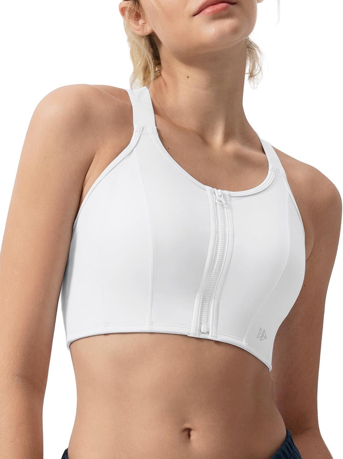 Yvette Adjustable Front Closure Sports Bras for Women High Support Impact No Bounce Sports Bra Running for Big Breasts(White)