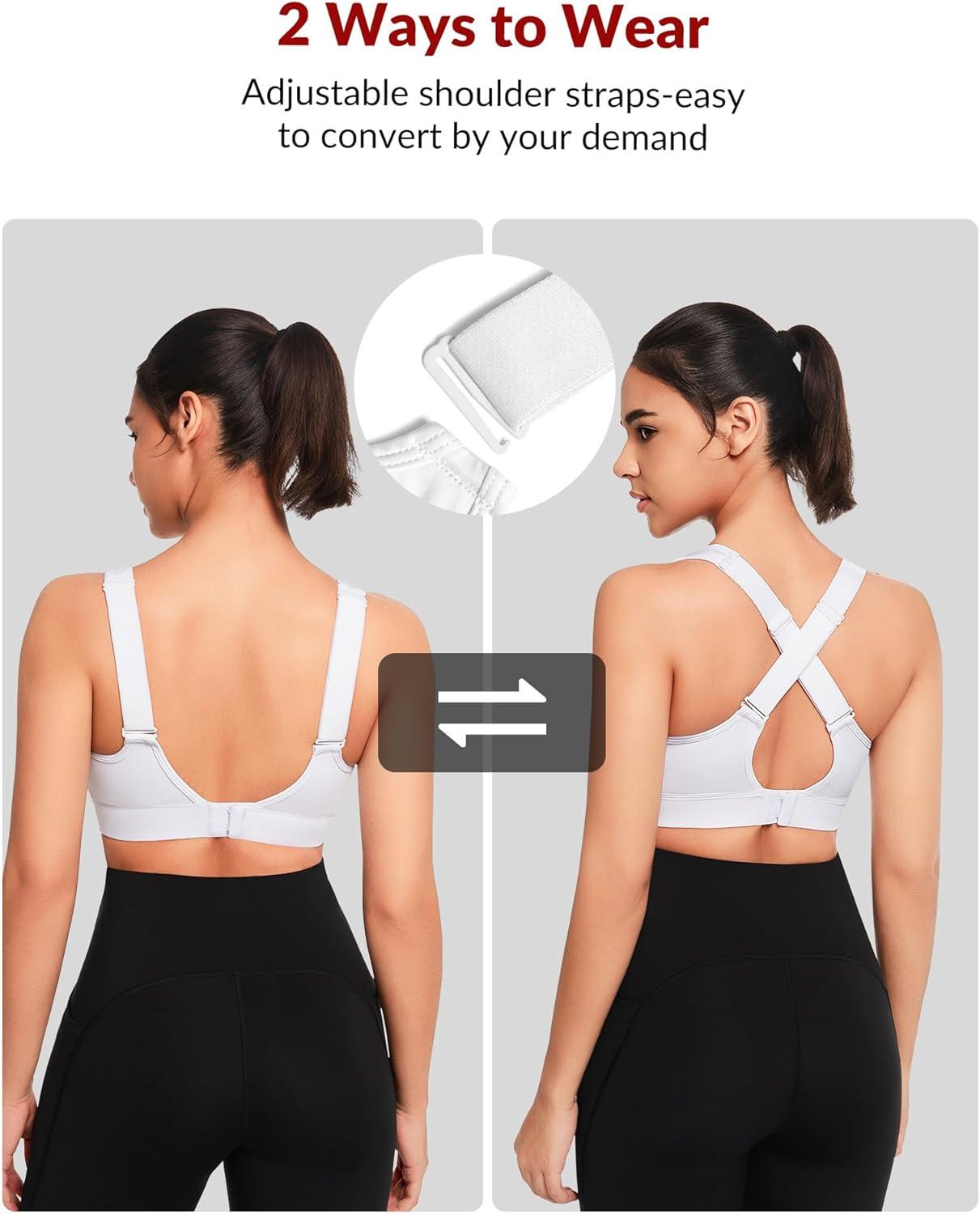Yvette Adjustable Sports Bras for Women High Support Large Bust Wireless Running Workout Sports Bra High Impact Plus Size(White)