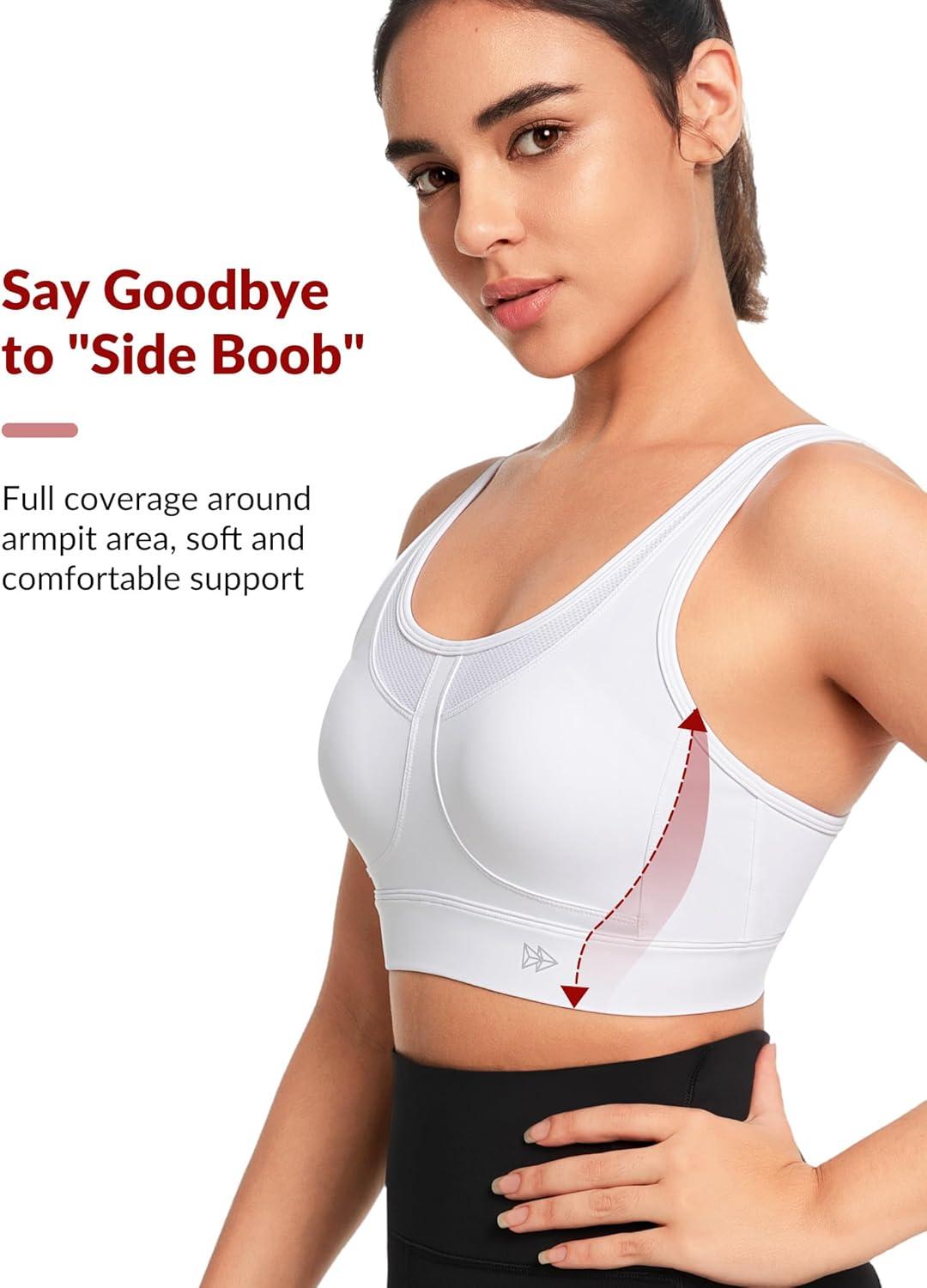 Yvette Adjustable Sports Bras for Women High Support Large Bust Wireless Running Workout Sports Bra High Impact Plus Size(White)